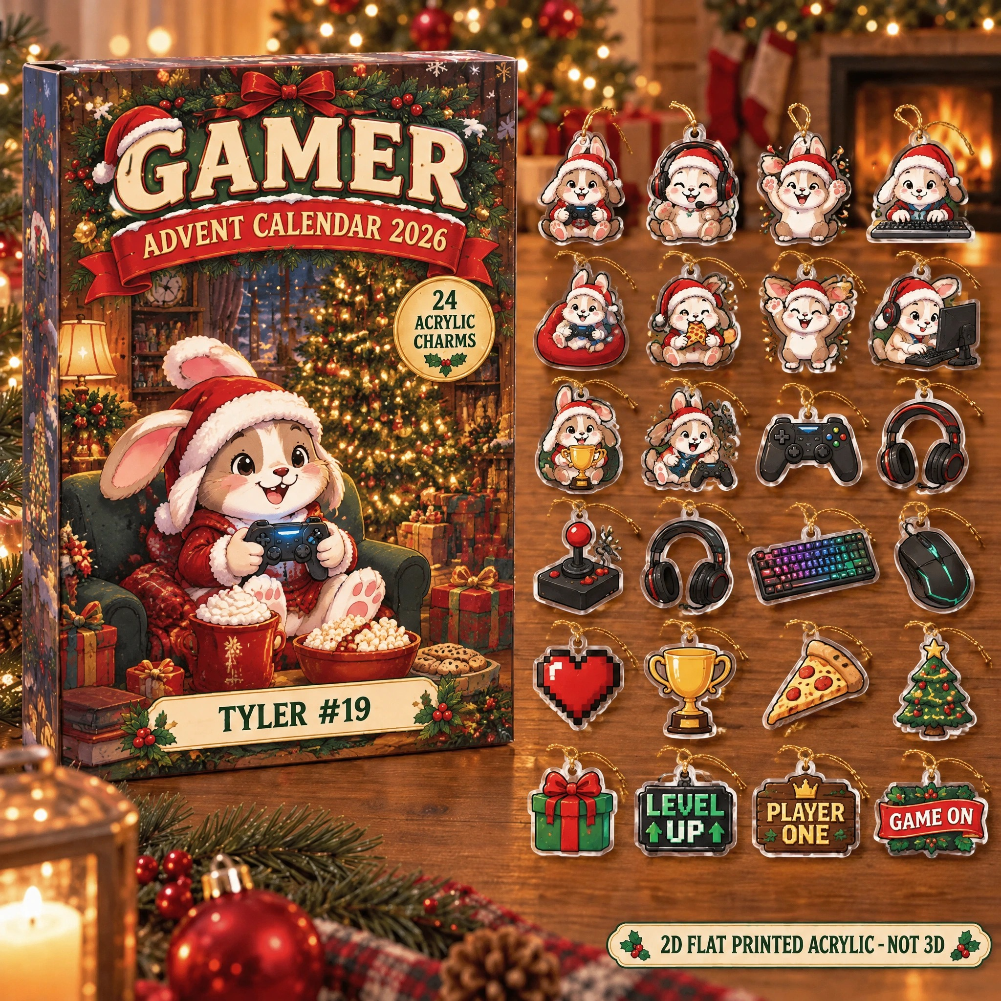 Personalized Gamer Bunny advent calendar box with 24 flat acrylic Christmas charms