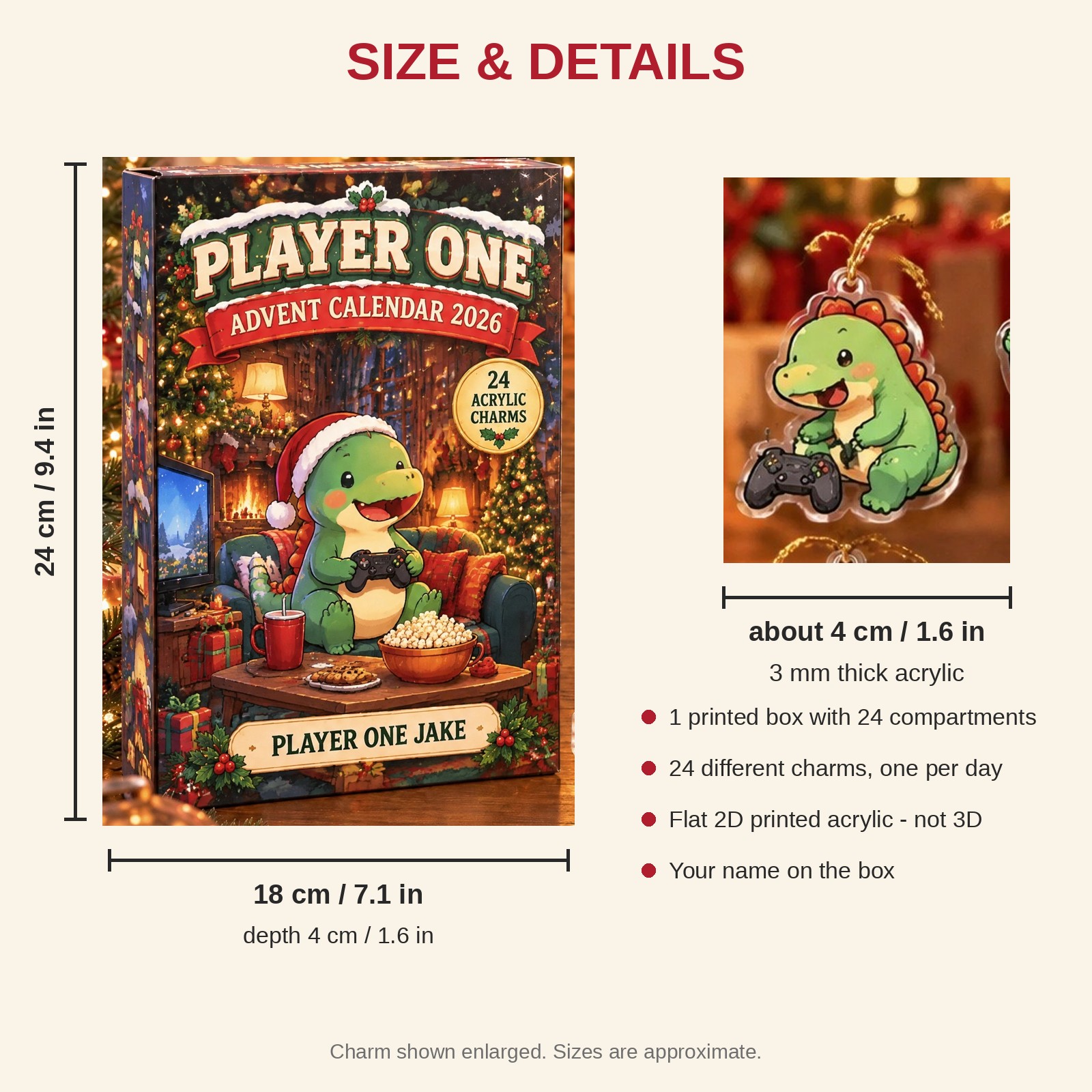 Personalized Gamer Dinosaur advent calendar box with 24 flat acrylic Christmas charms: box and charm sizes