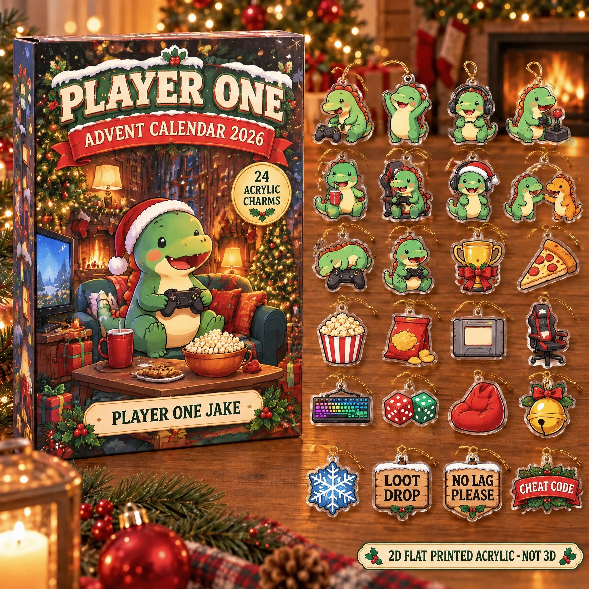 Personalized Gamer Dinosaur advent calendar box with 24 flat acrylic Christmas charms