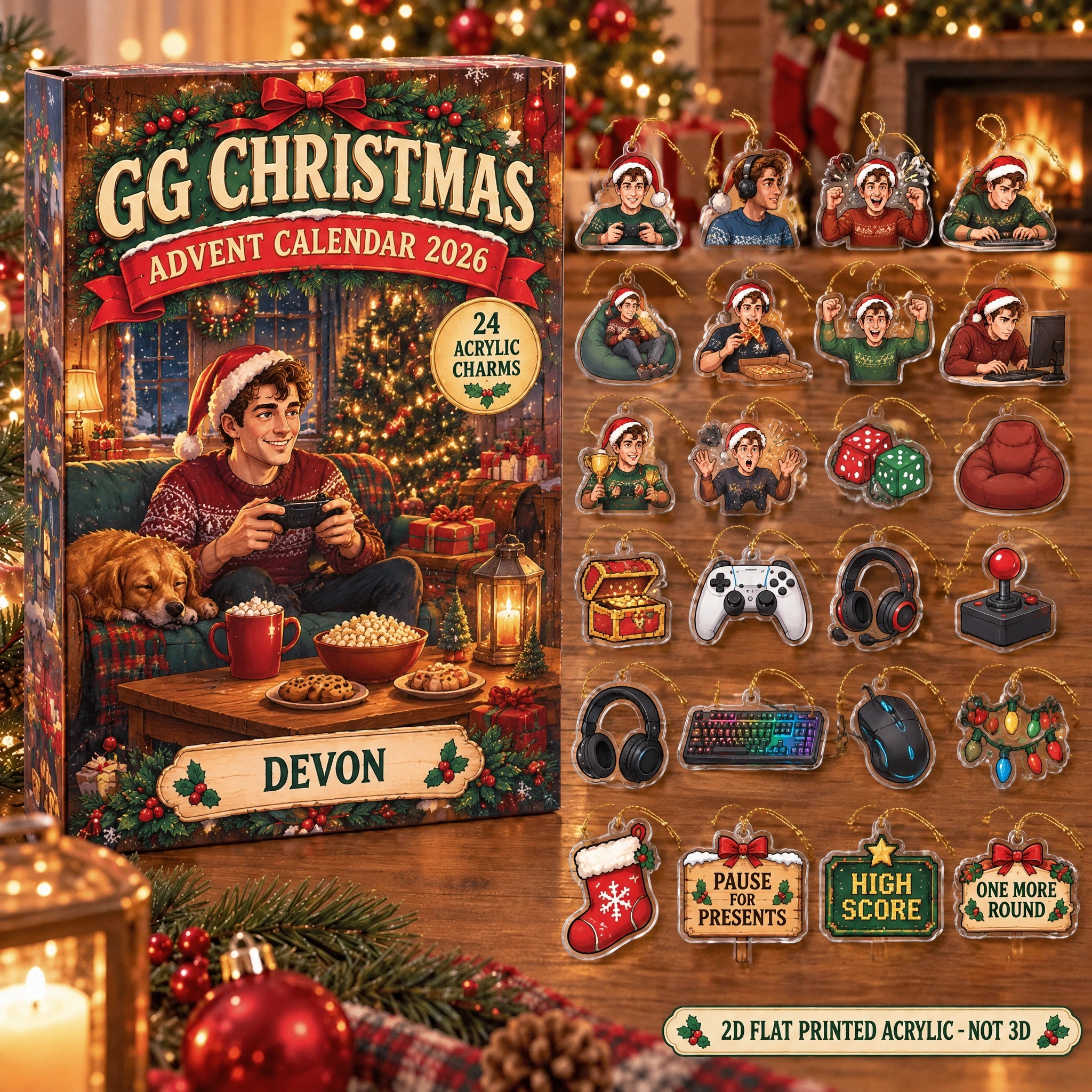 Personalized Gamer Essentials advent calendar box with 24 flat acrylic Christmas charms