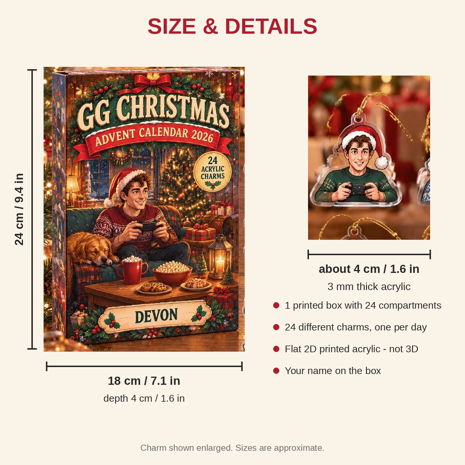 Personalized Gamer Essentials advent calendar box with 24 flat acrylic Christmas charms: box and charm sizes