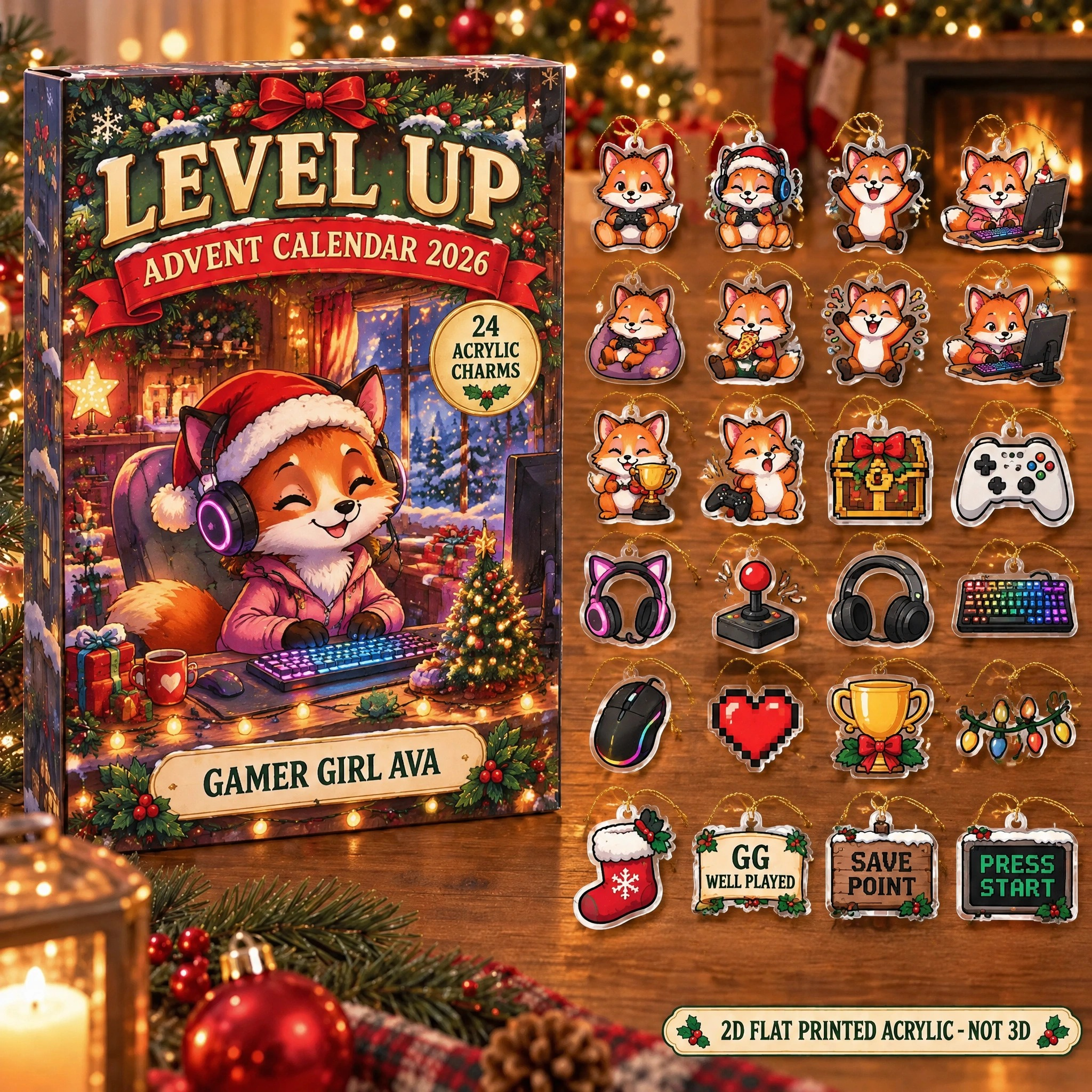 Personalized Gamer Fox advent calendar box with 24 flat acrylic Christmas charms