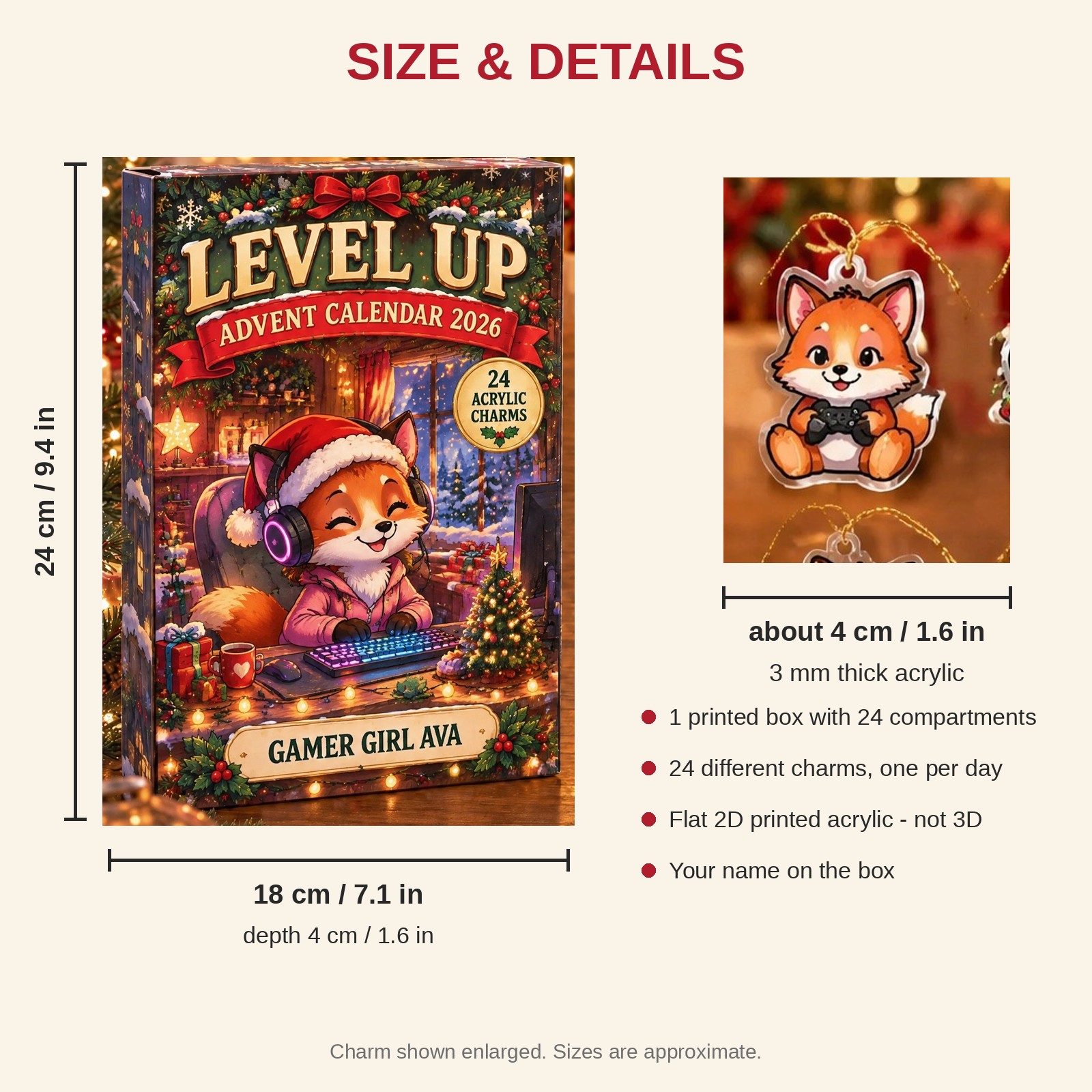 Personalized Gamer Fox advent calendar box with 24 flat acrylic Christmas charms: box and charm sizes
