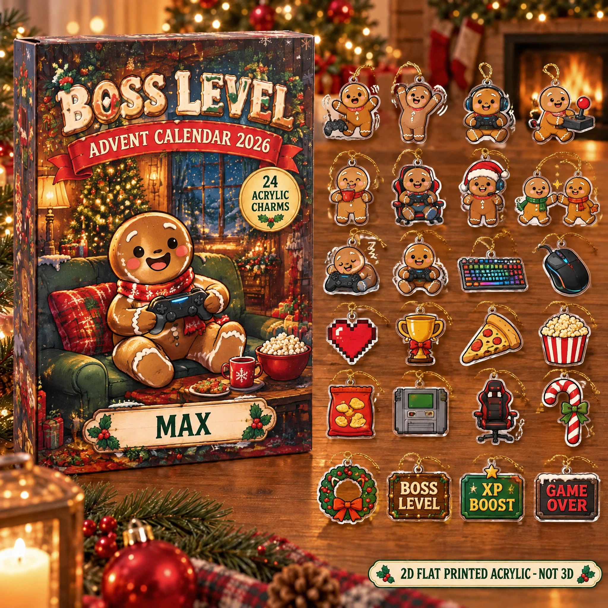 Personalized Gamer Gingerbread advent calendar box with 24 flat acrylic Christmas charms
