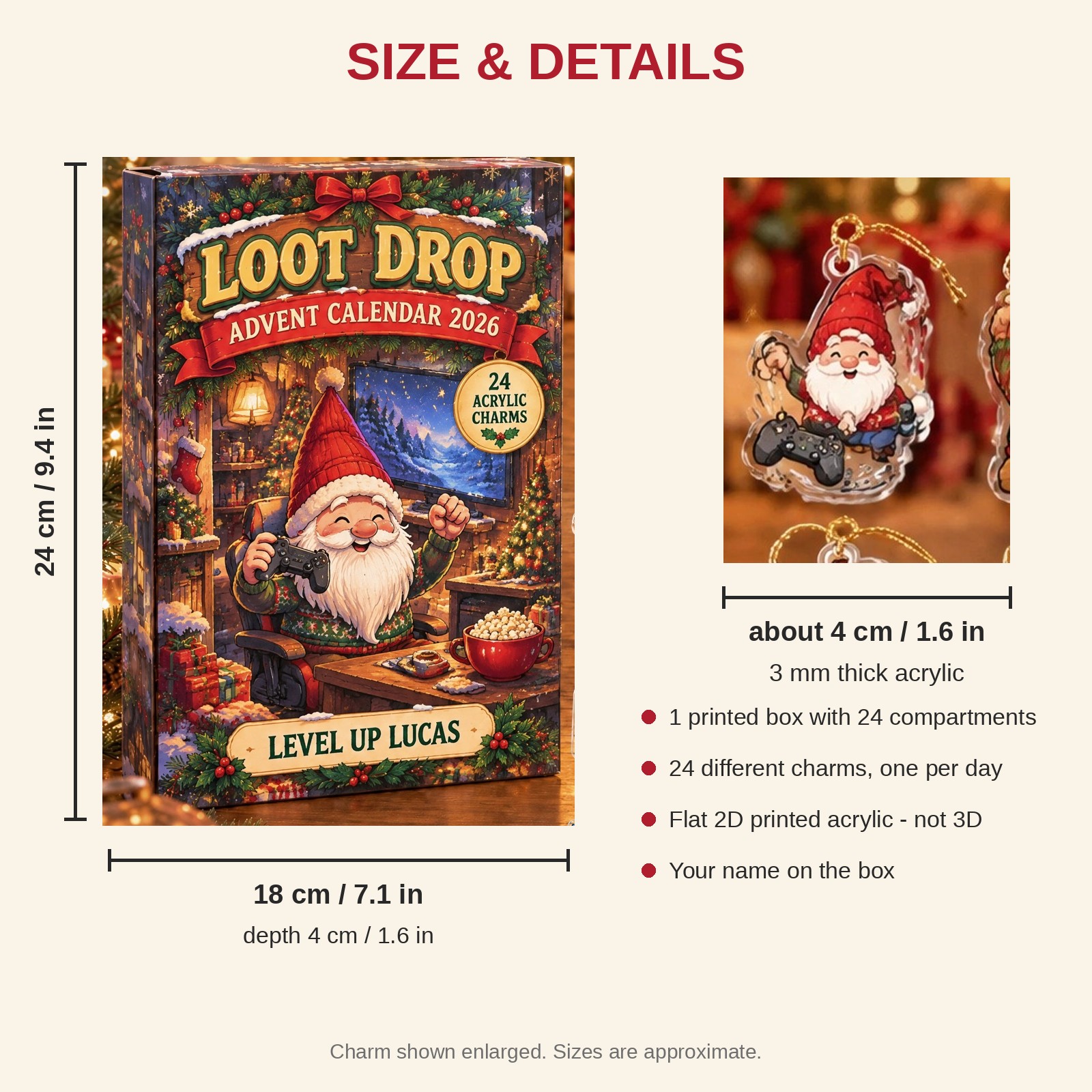 Personalized Gamer Gnome advent calendar box with 24 flat acrylic Christmas charms: box and charm sizes