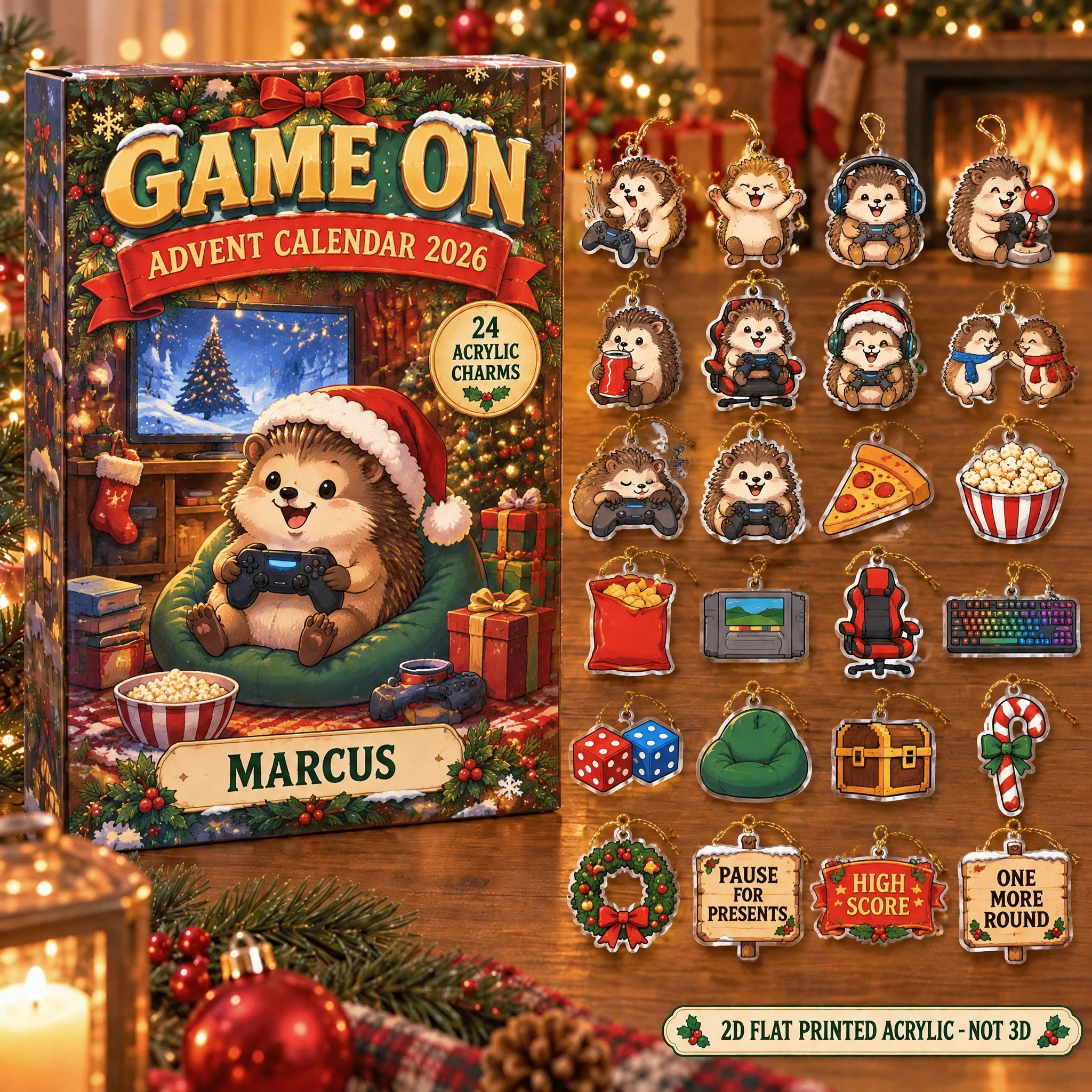 Personalized Gamer Hedgehog advent calendar box with 24 flat acrylic Christmas charms