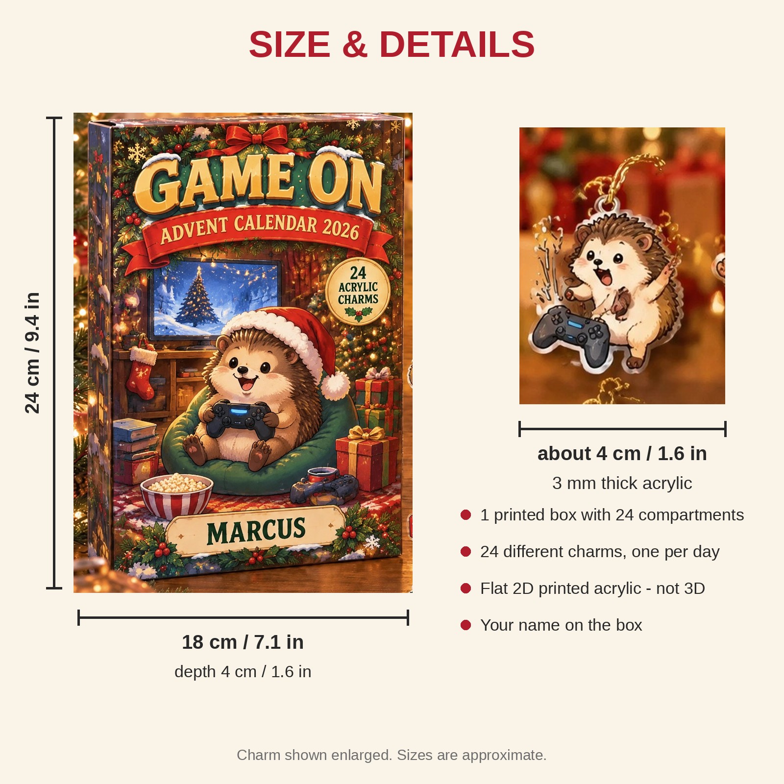 Personalized Gamer Hedgehog advent calendar box with 24 flat acrylic Christmas charms: box and charm sizes