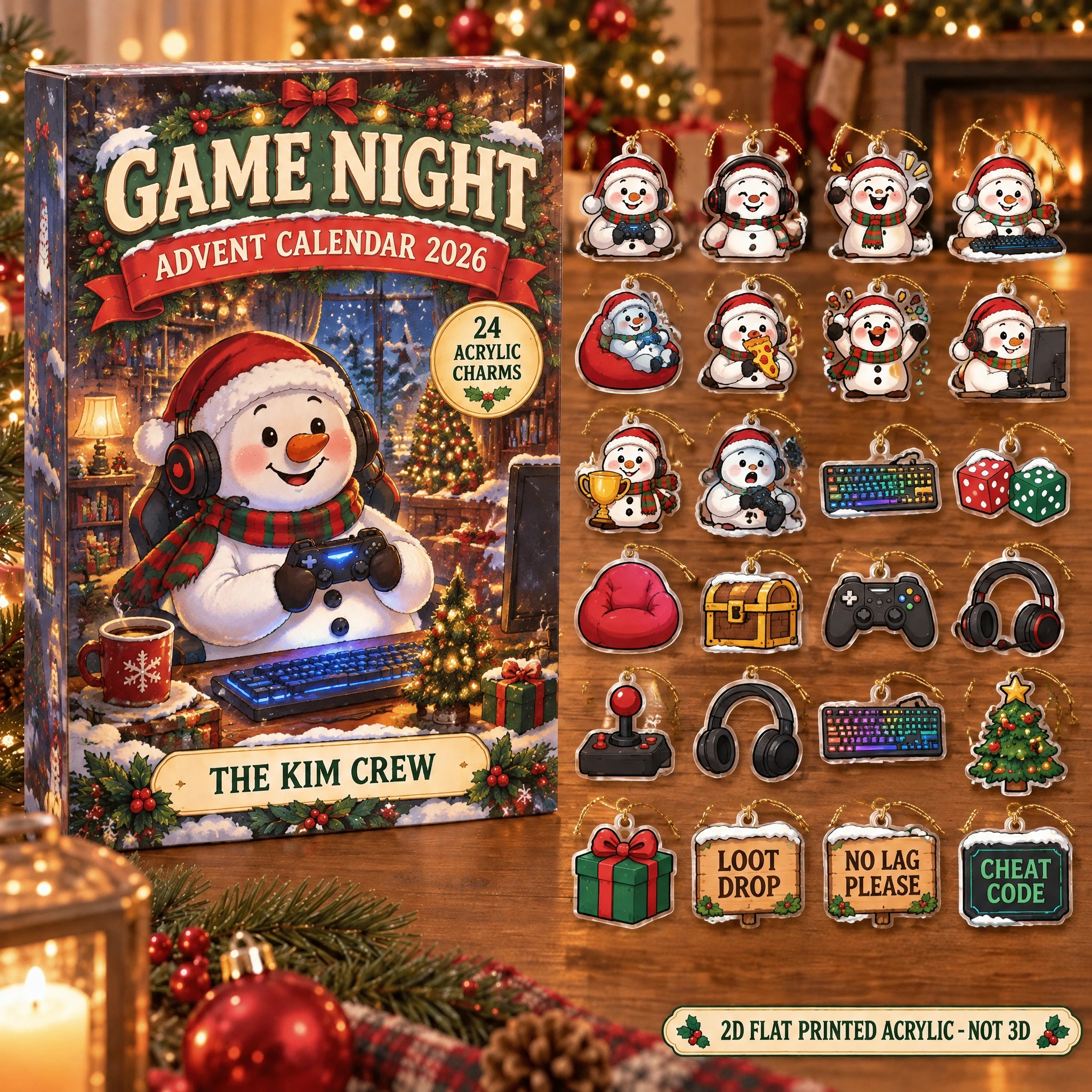 Personalized Gamer Snowman advent calendar box with 24 flat acrylic Christmas charms