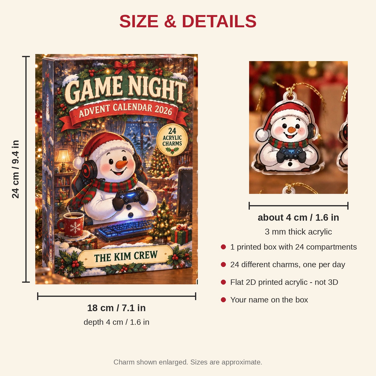 Personalized Gamer Snowman advent calendar box with 24 flat acrylic Christmas charms: box and charm sizes