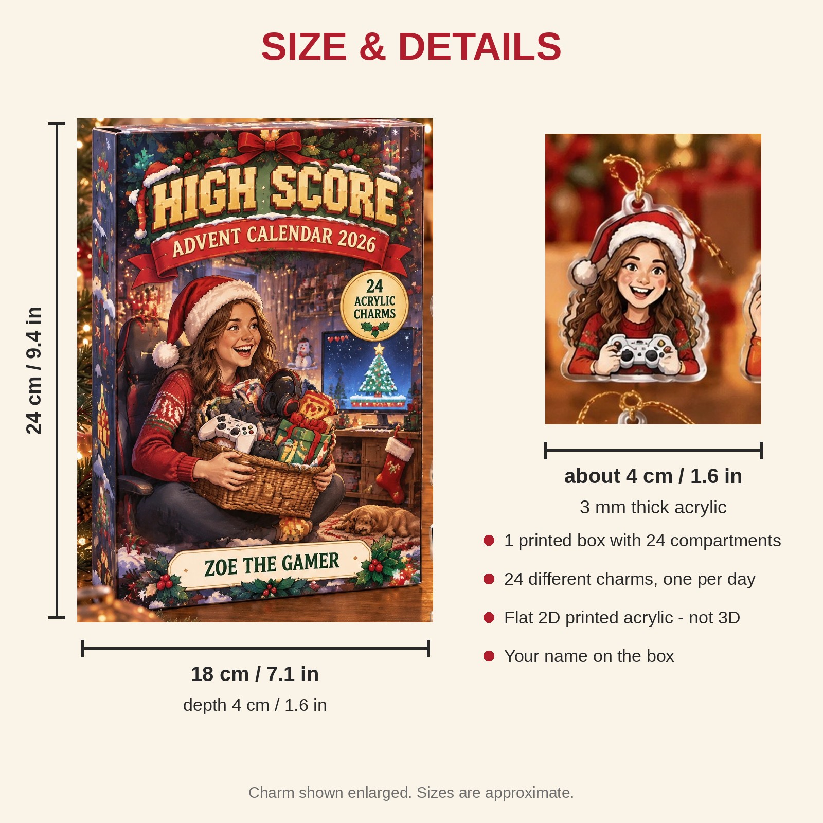 Personalized Gamer Survival Kit advent calendar box with 24 flat acrylic Christmas charms: box and charm sizes