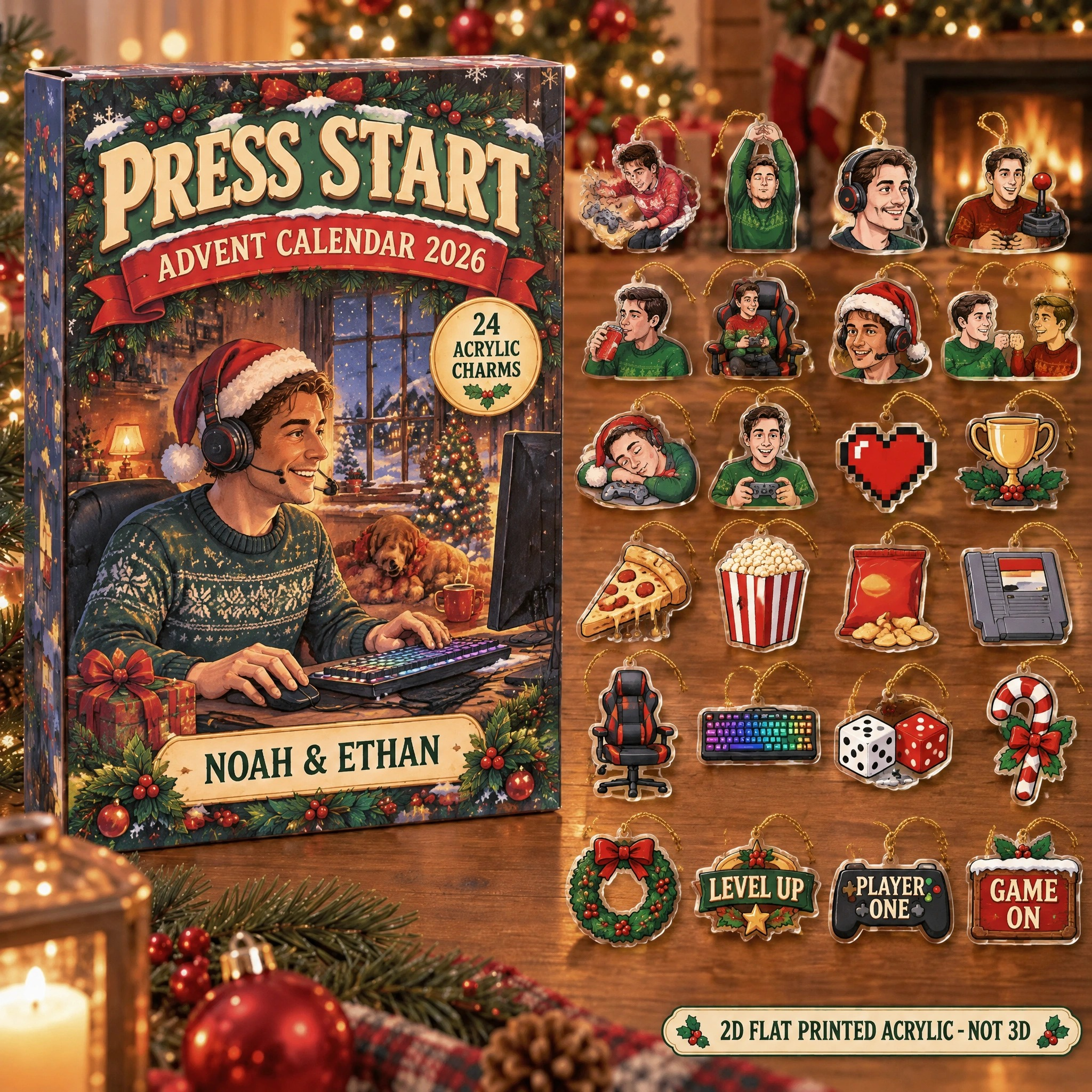 Personalized Vintage Retro Gamer advent calendar box with 24 flat acrylic Christmas charms