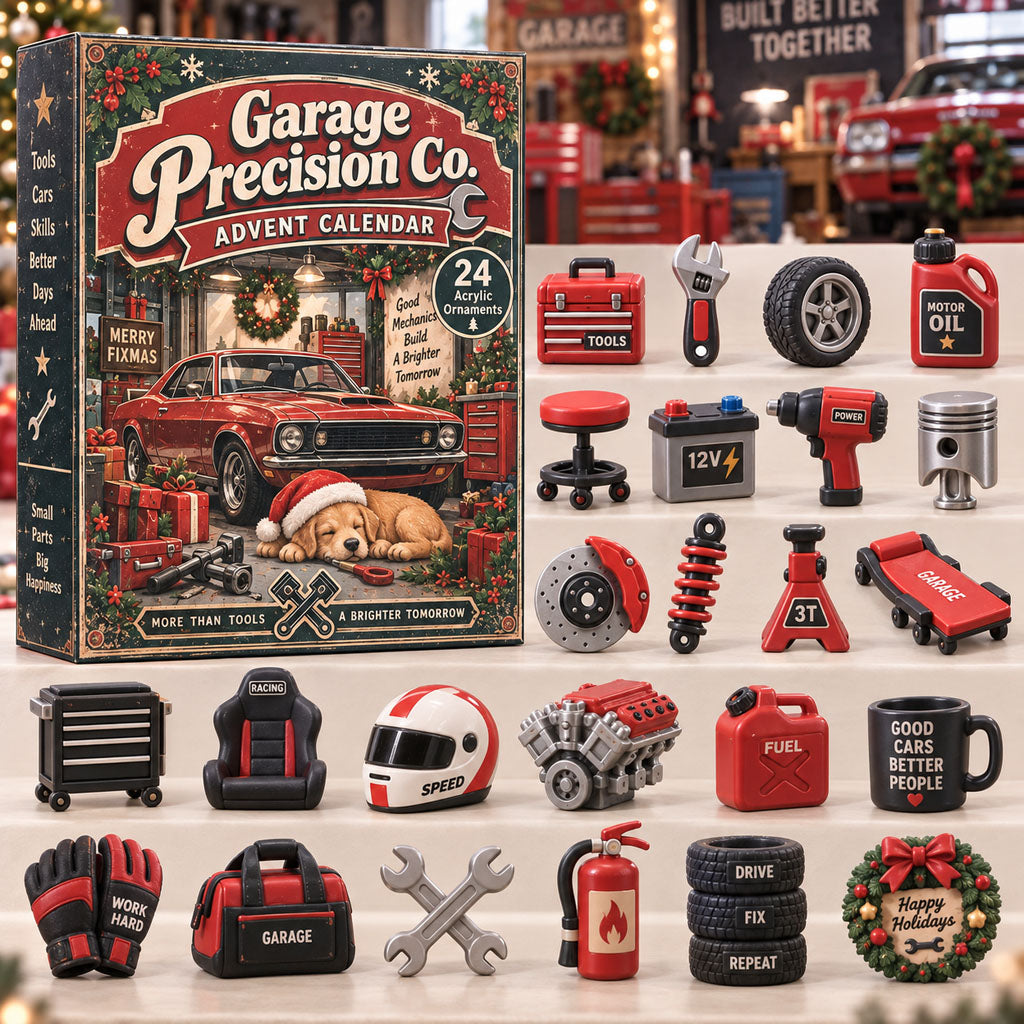 Garage Precision Co advent calendar box with 24 acrylic Christmas charms