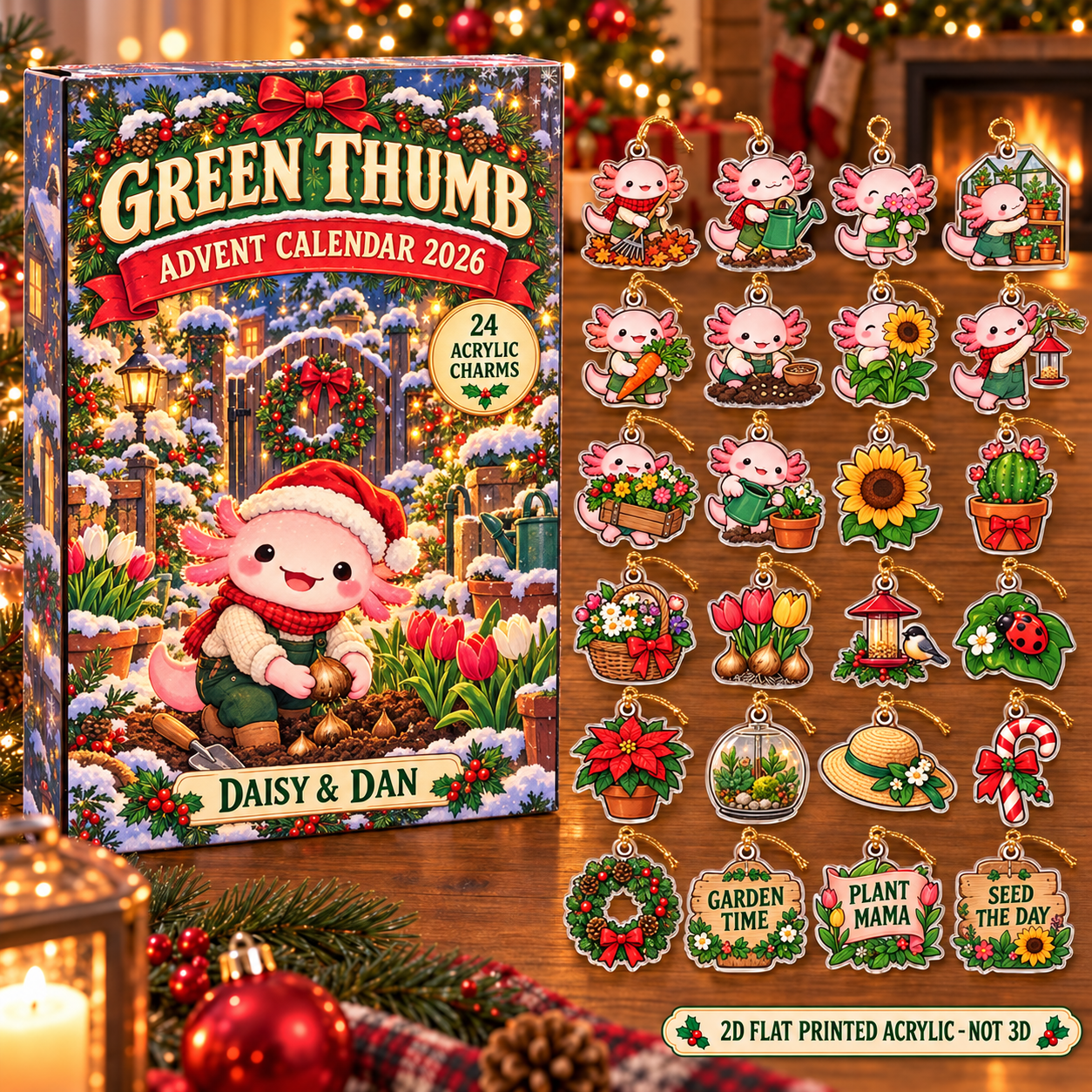 Personalized Gardener Axolotl advent calendar box with 24 flat acrylic Christmas charms