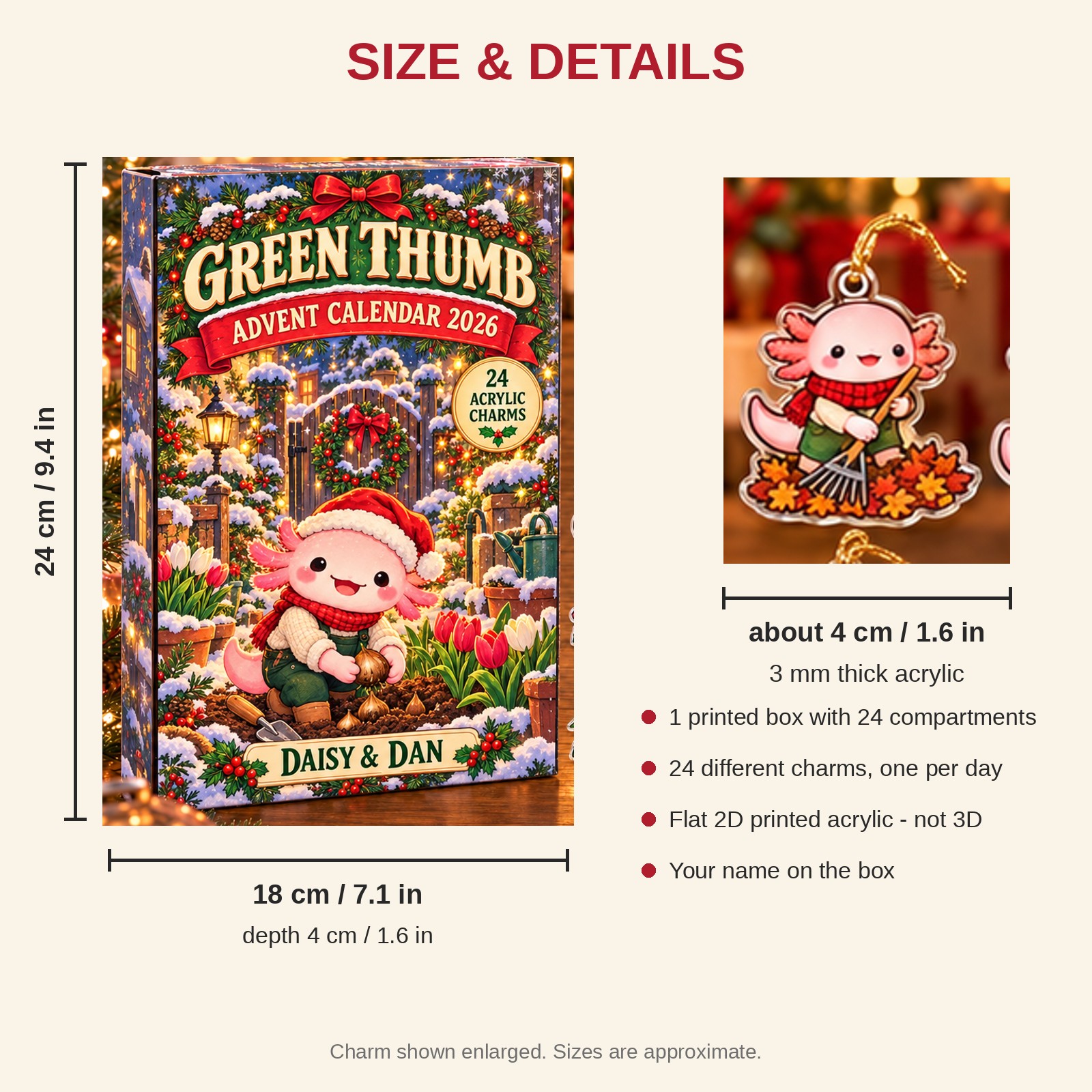 Personalized Gardener Axolotl advent calendar box with 24 flat acrylic Christmas charms: box and charm sizes