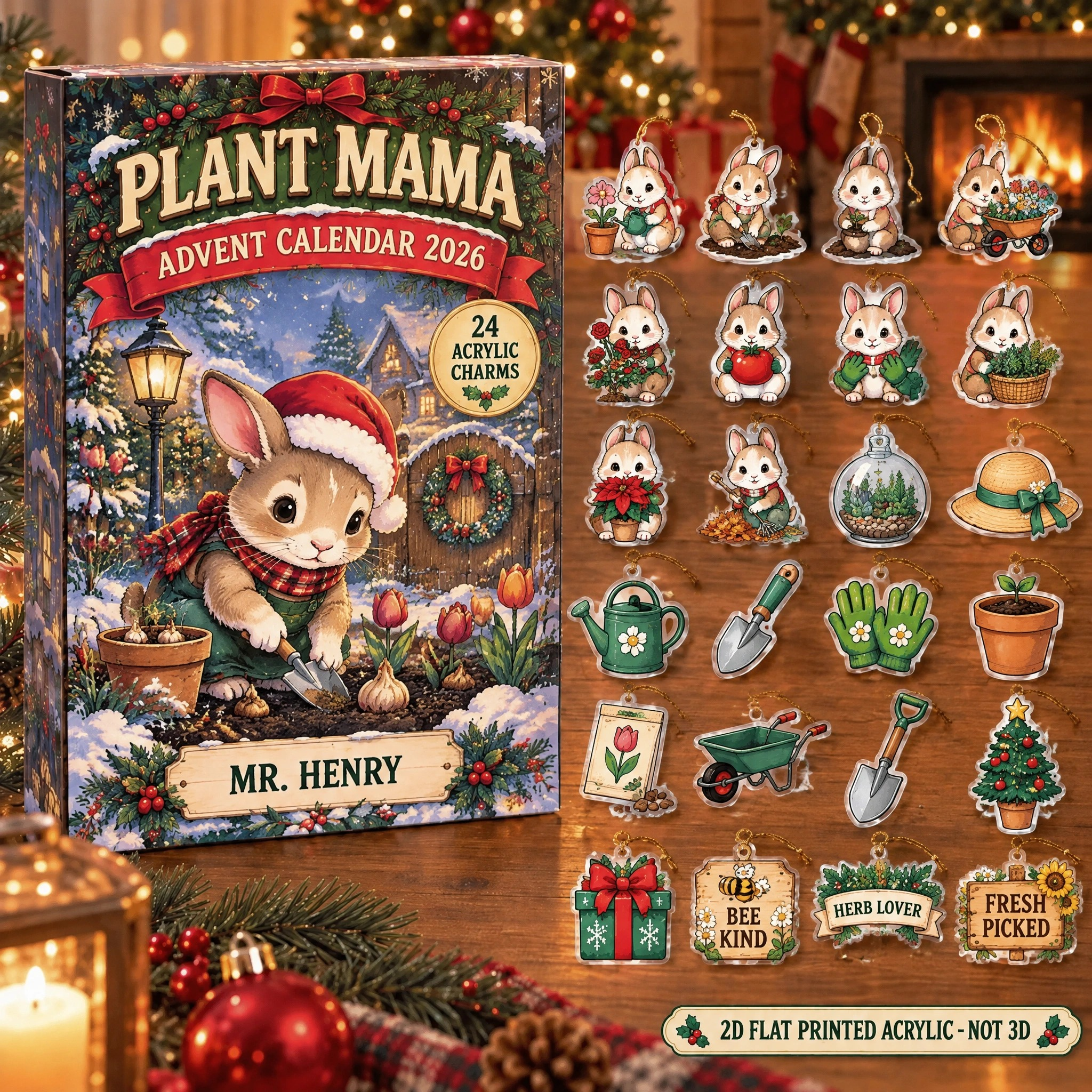 Personalized Gardener Bunny advent calendar box with 24 flat acrylic Christmas charms