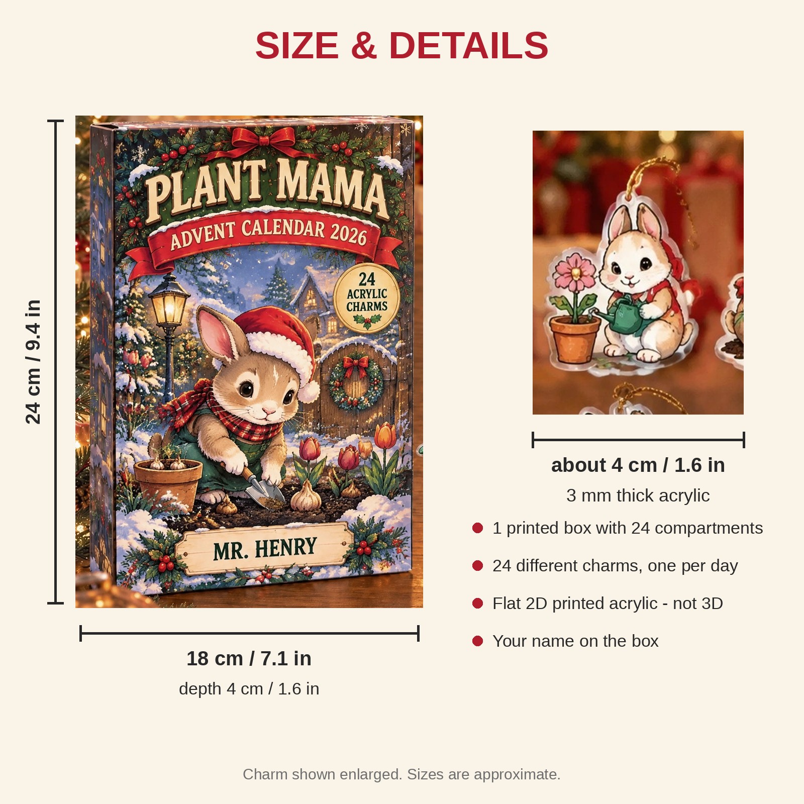 Personalized Gardener Bunny advent calendar box with 24 flat acrylic Christmas charms: box and charm sizes