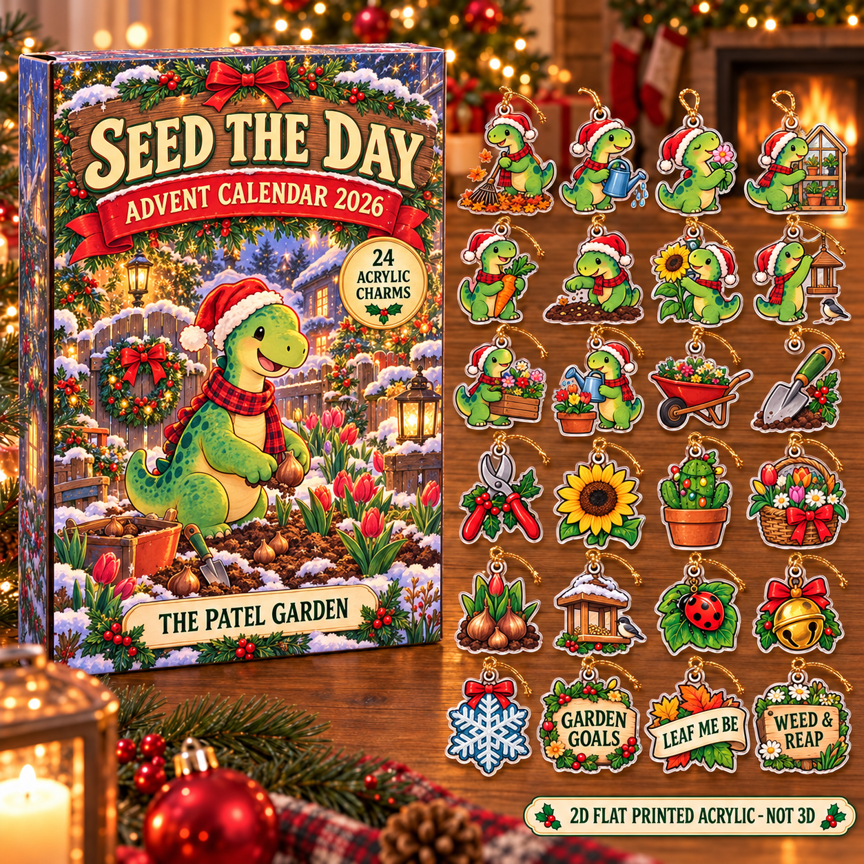 Personalized Gardener Dinosaur advent calendar box with 24 flat acrylic Christmas charms