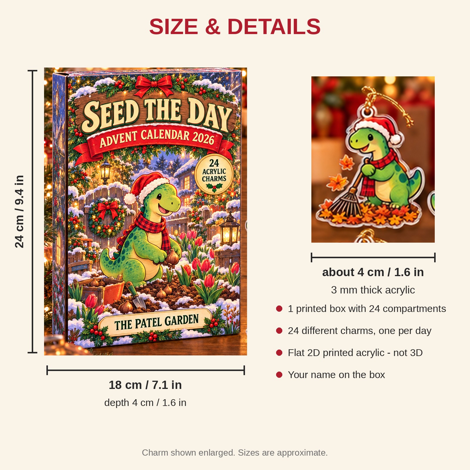 Personalized Gardener Dinosaur advent calendar box with 24 flat acrylic Christmas charms: box and charm sizes