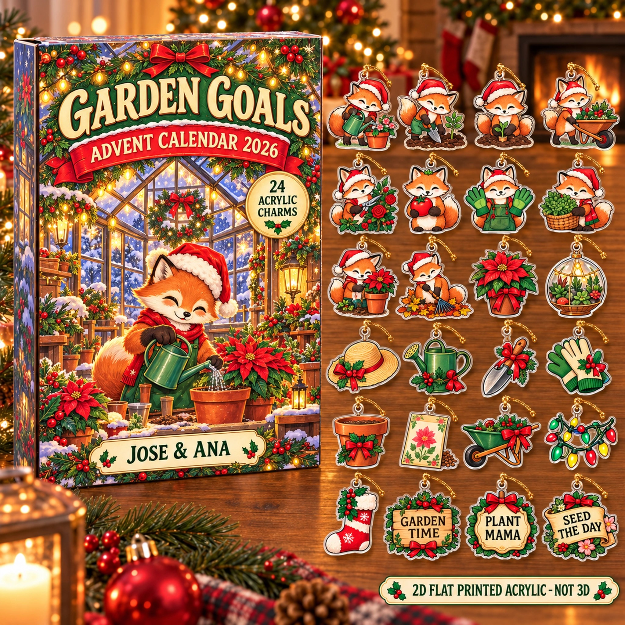 Personalized Gardener Fox advent calendar box with 24 flat acrylic Christmas charms
