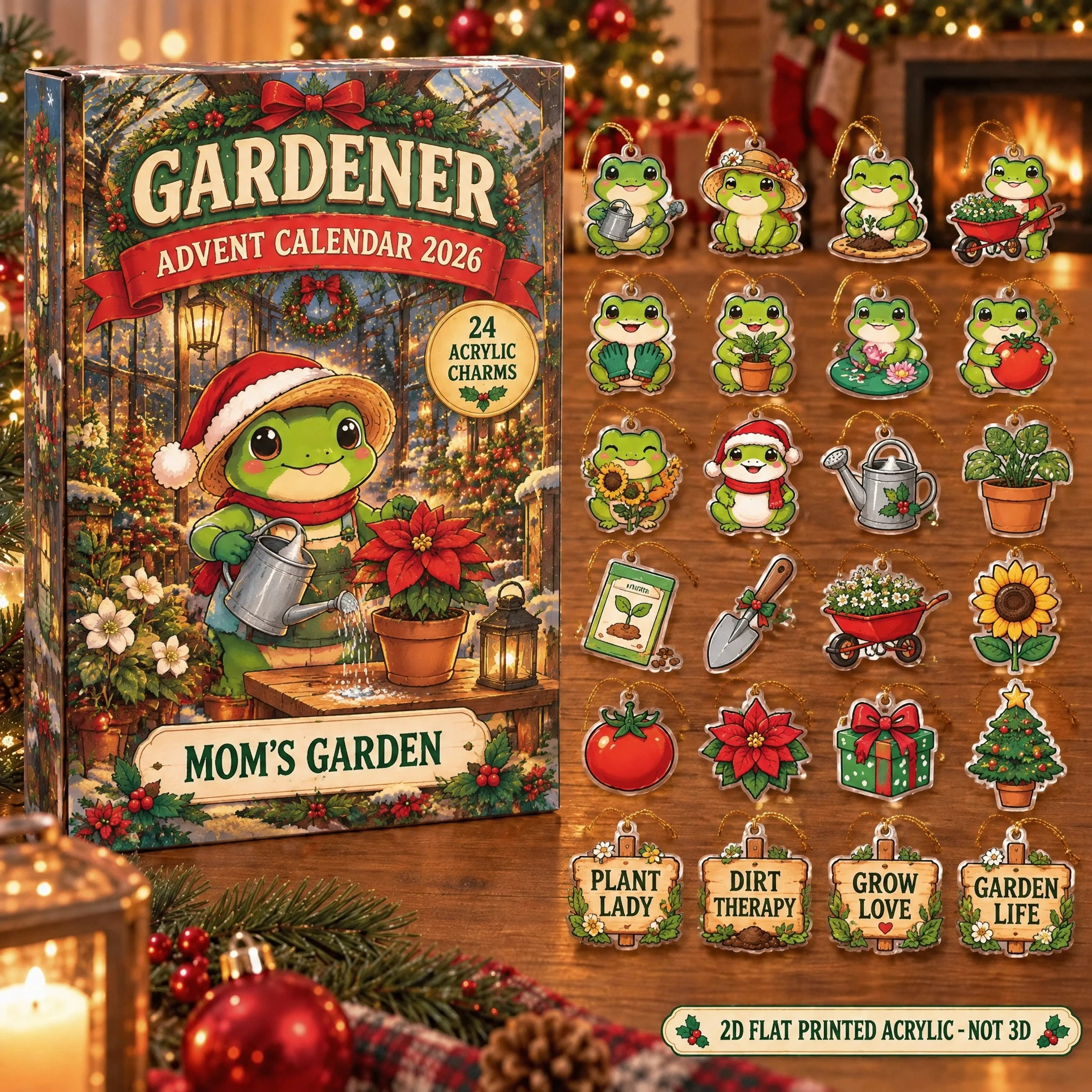 Personalized Gardener Frog advent calendar box with 24 flat acrylic Christmas charms