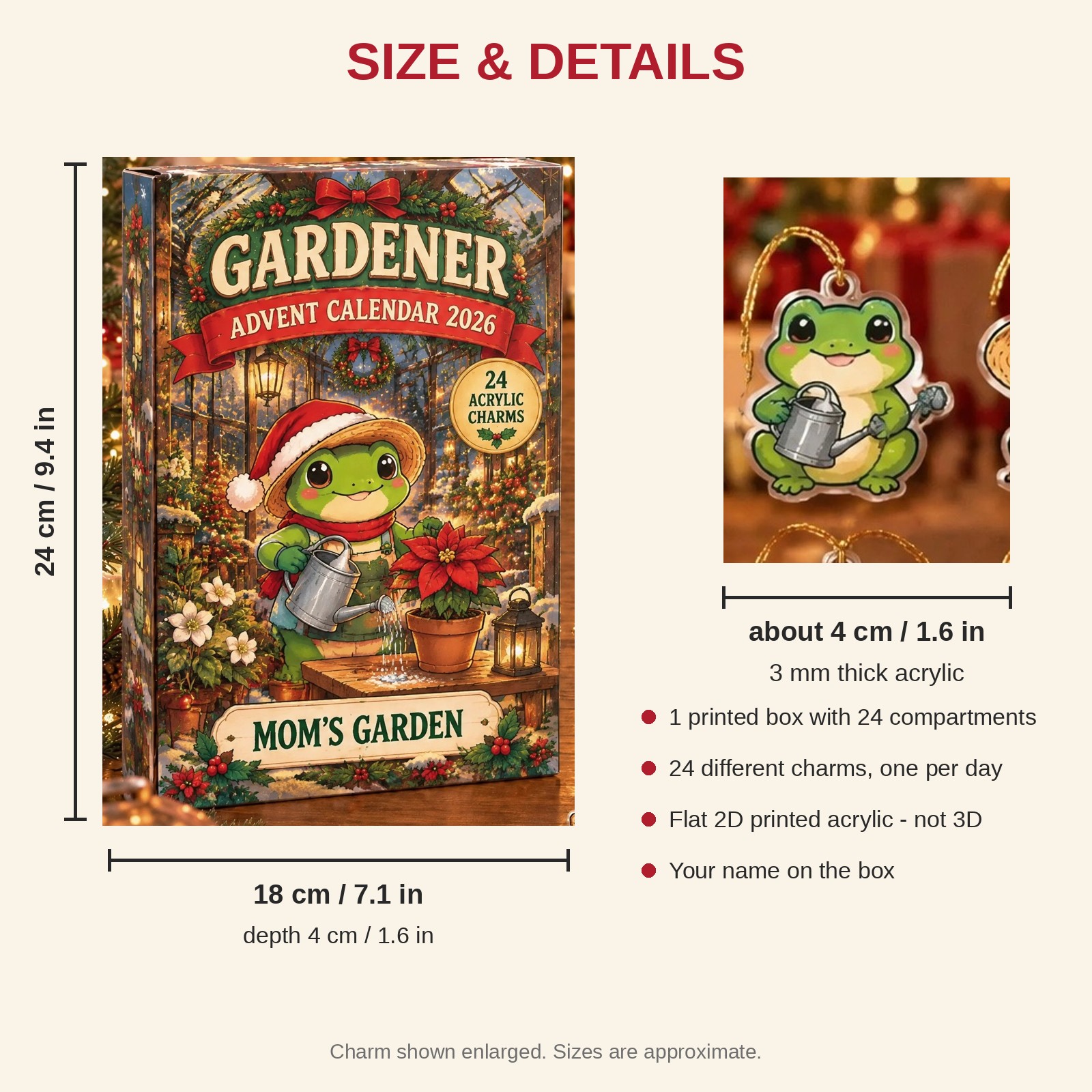 Personalized Gardener Frog advent calendar box with 24 flat acrylic Christmas charms: box and charm sizes