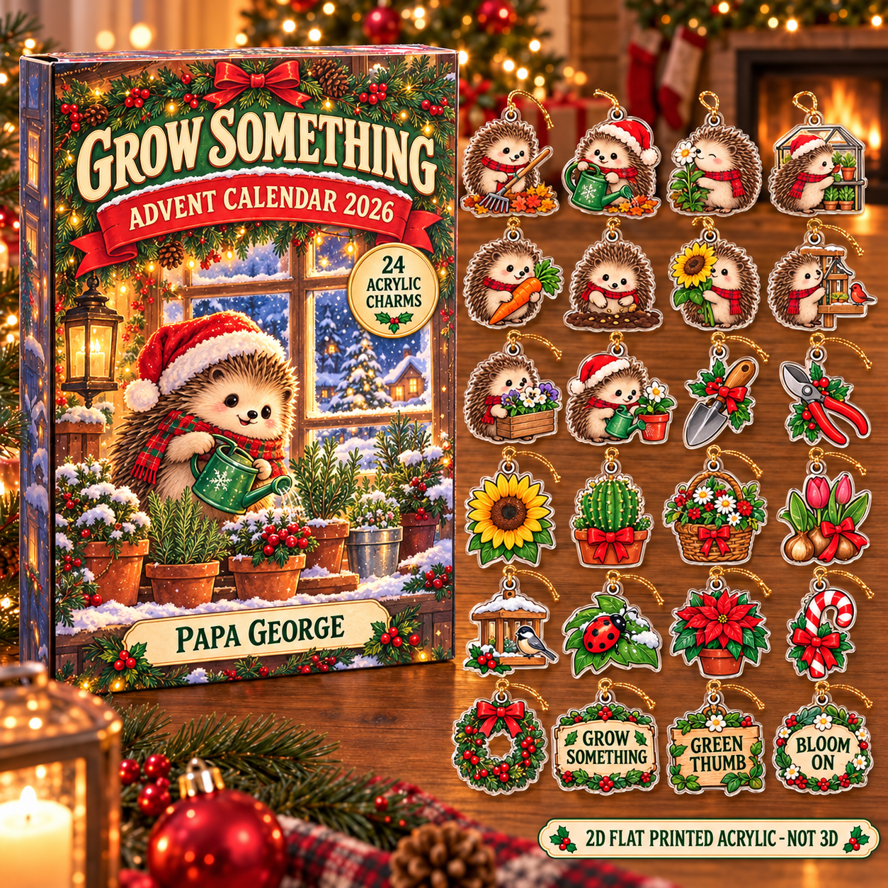 Personalized Gardener Hedgehog advent calendar box with 24 flat acrylic Christmas charms