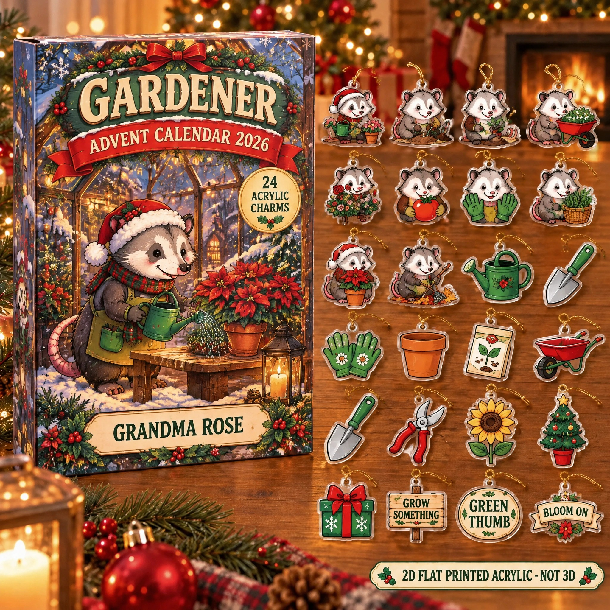 Personalized Gardener Opossum advent calendar box with 24 flat acrylic Christmas charms
