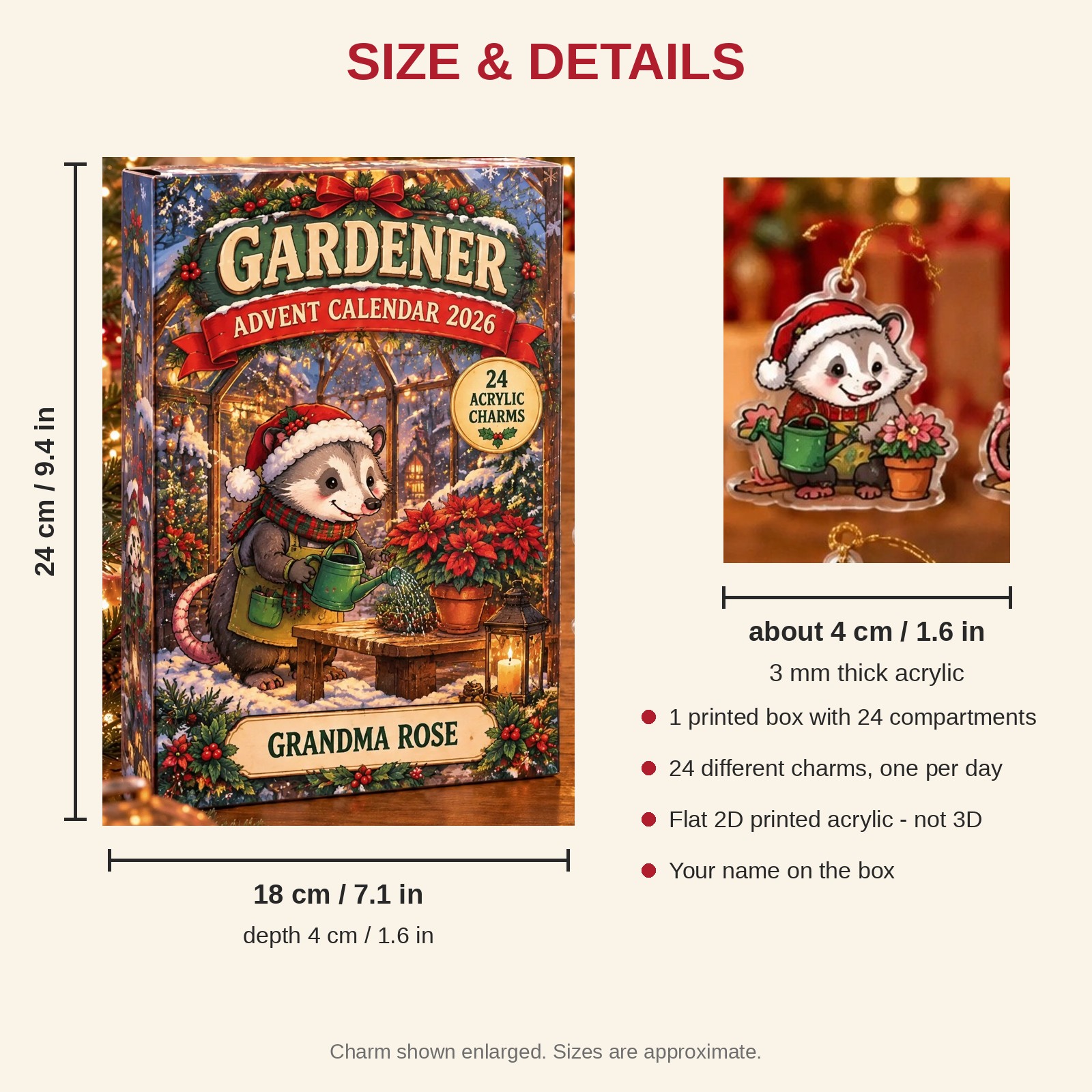 Personalized Gardener Opossum advent calendar box with 24 flat acrylic Christmas charms: box and charm sizes