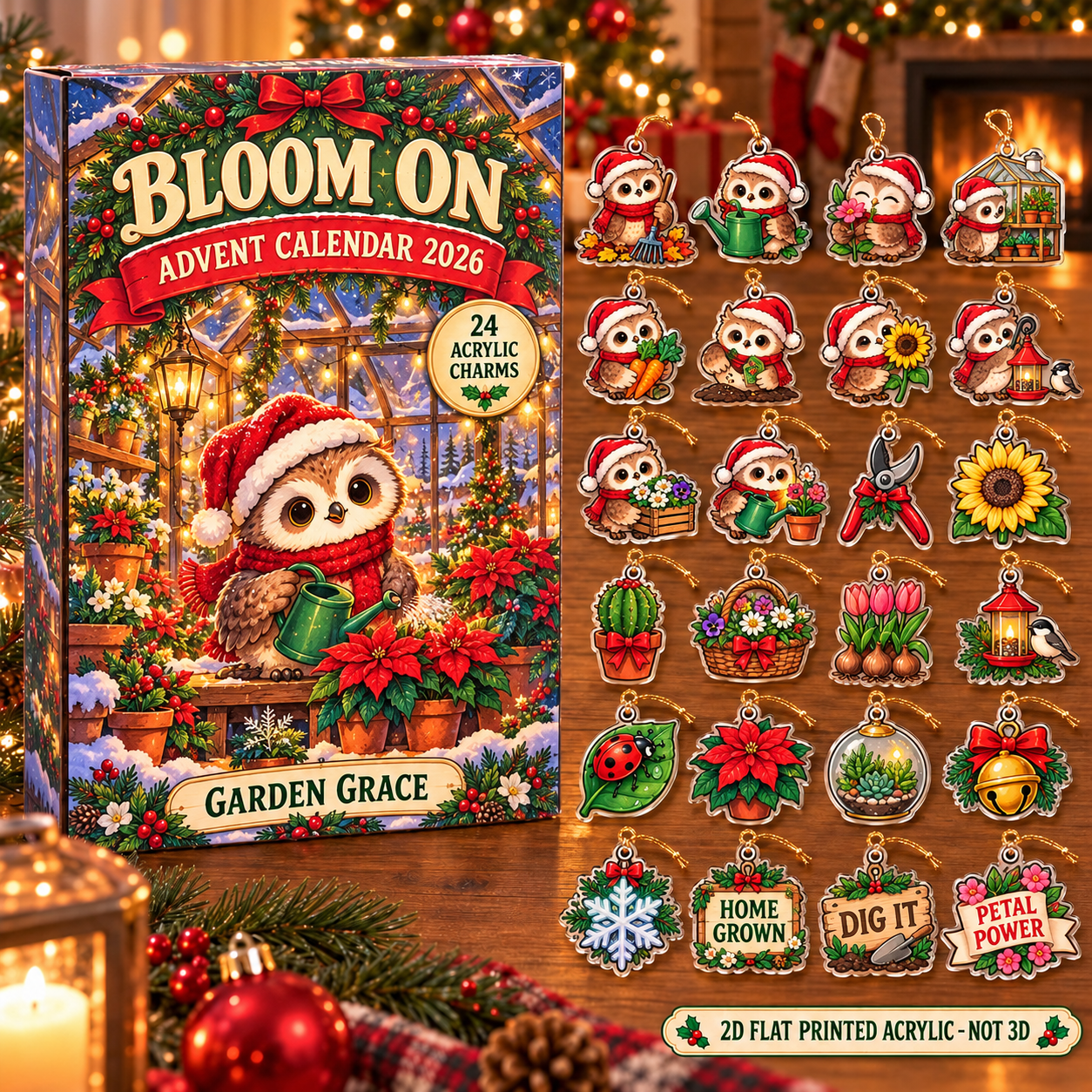 Personalized Gardener Owl advent calendar box with 24 flat acrylic Christmas charms