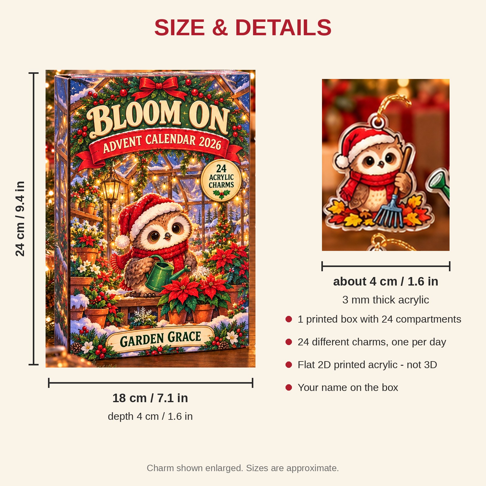Personalized Gardener Owl advent calendar box with 24 flat acrylic Christmas charms: box and charm sizes