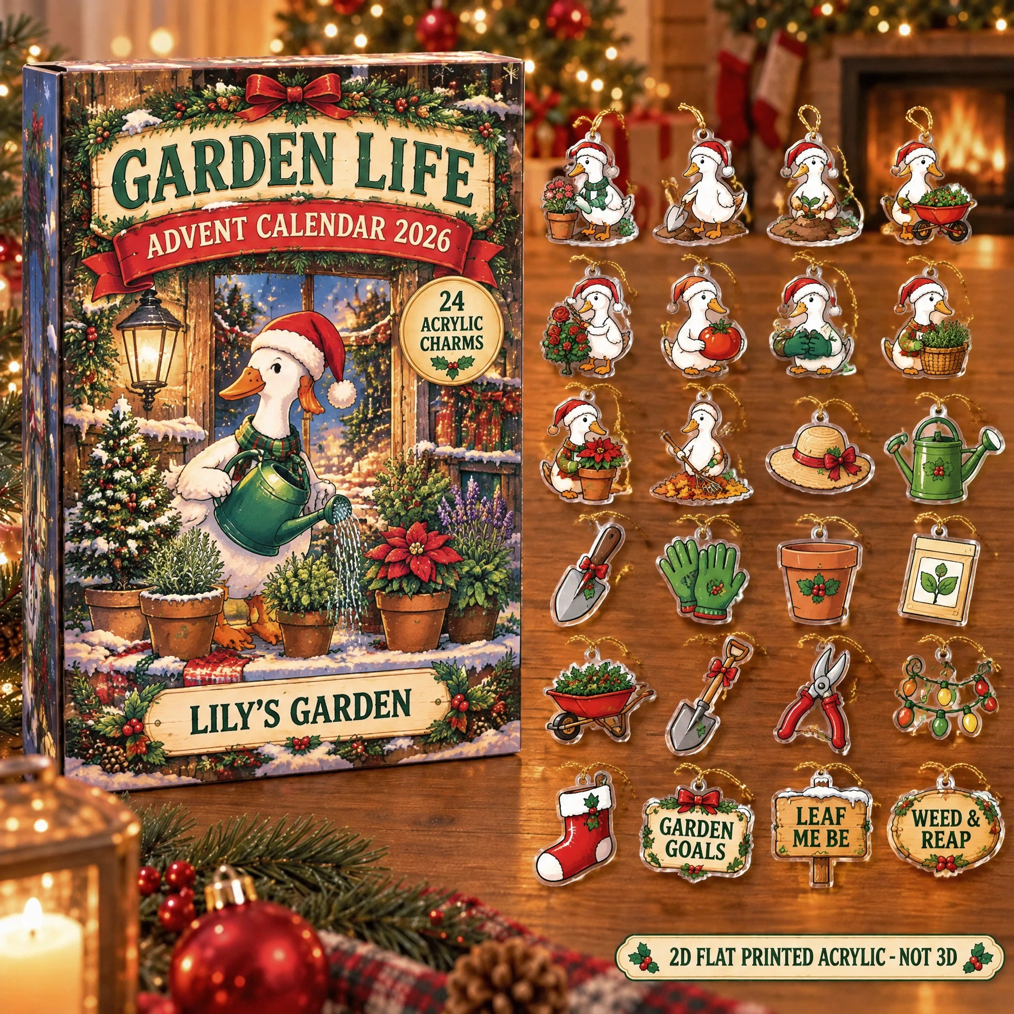 Personalized Gardener Silly Goose advent calendar box with 24 flat acrylic Christmas charms