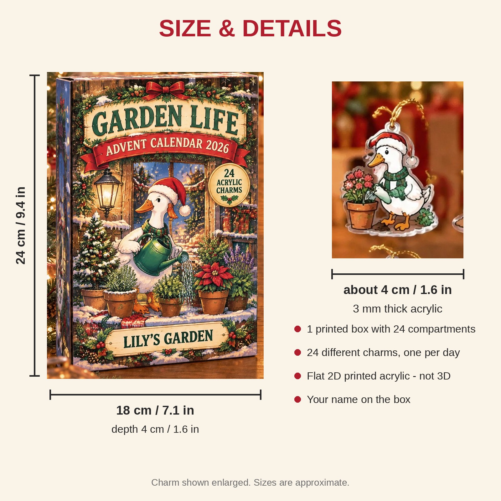 Personalized Gardener Silly Goose advent calendar box with 24 flat acrylic Christmas charms: box and charm sizes