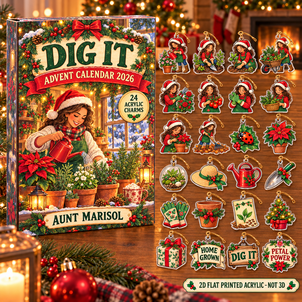 Personalized Gardener Survival Kit advent calendar box with 24 flat acrylic Christmas charms