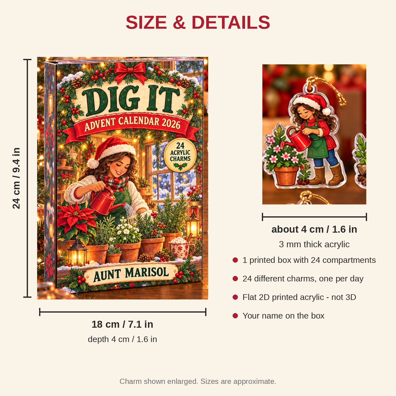 Personalized Gardener Survival Kit advent calendar box with 24 flat acrylic Christmas charms: box and charm sizes