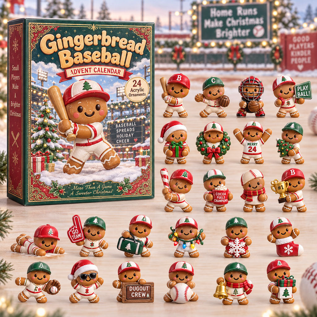 Gingerbread Baseball advent calendar box with 24 acrylic Christmas charms