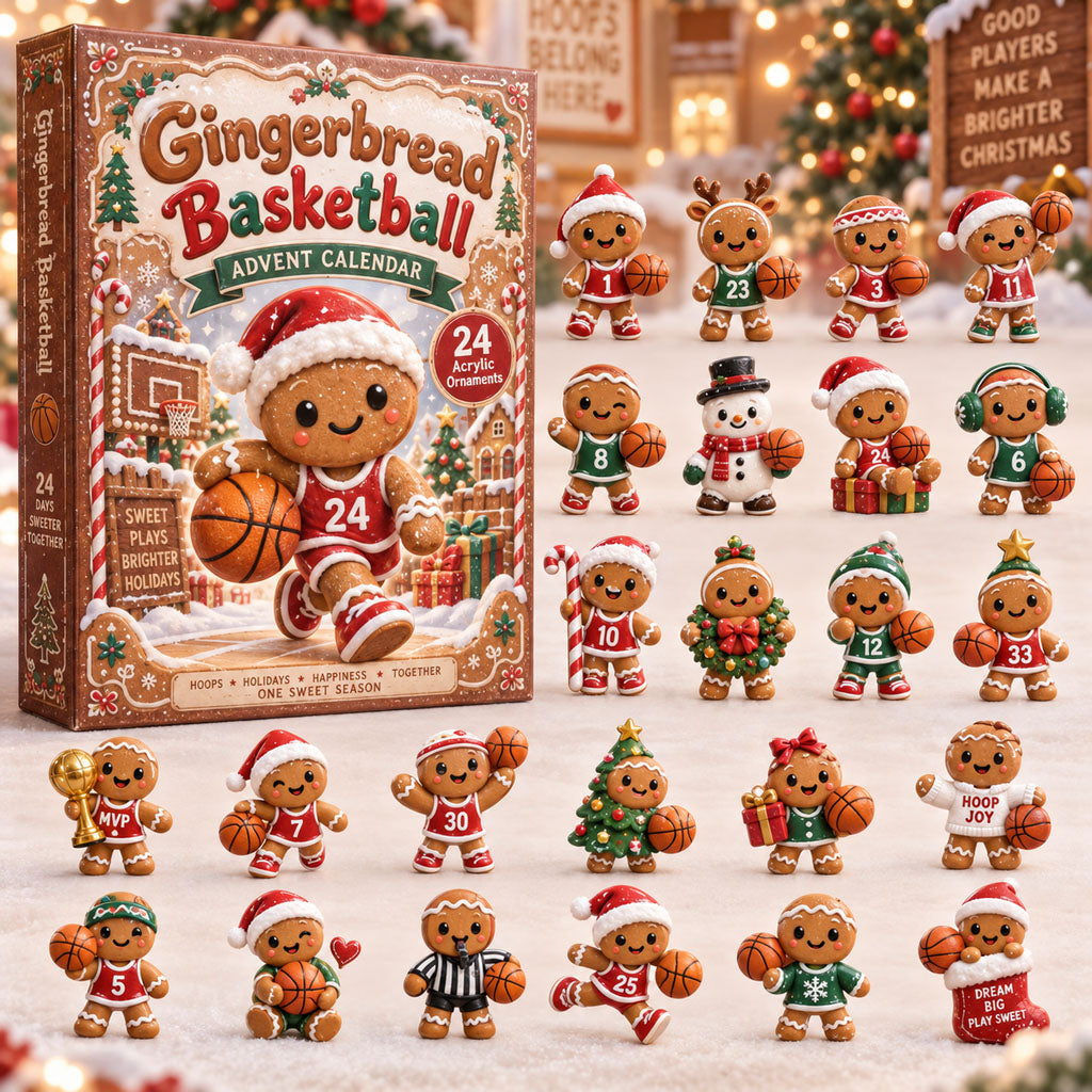 Gingerbread Basketball advent calendar box with 24 acrylic Christmas charms
