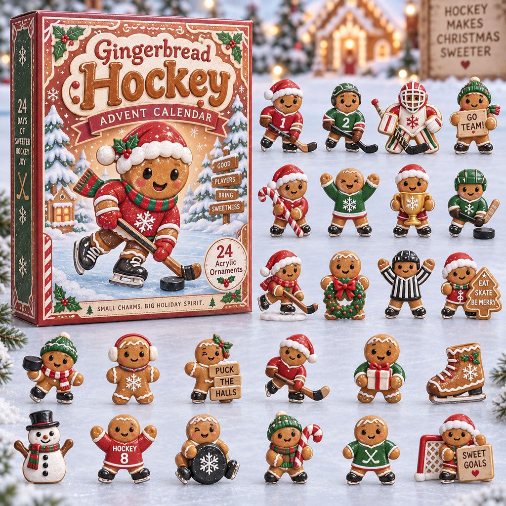 Gingerbread Hockey advent calendar box with 24 acrylic Christmas charms