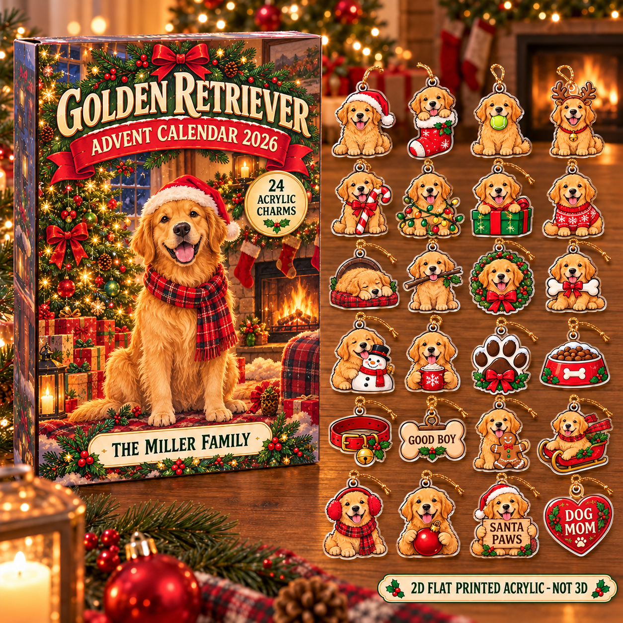 Personalized golden retriever advent calendar box with 24 flat acrylic Christmas charms