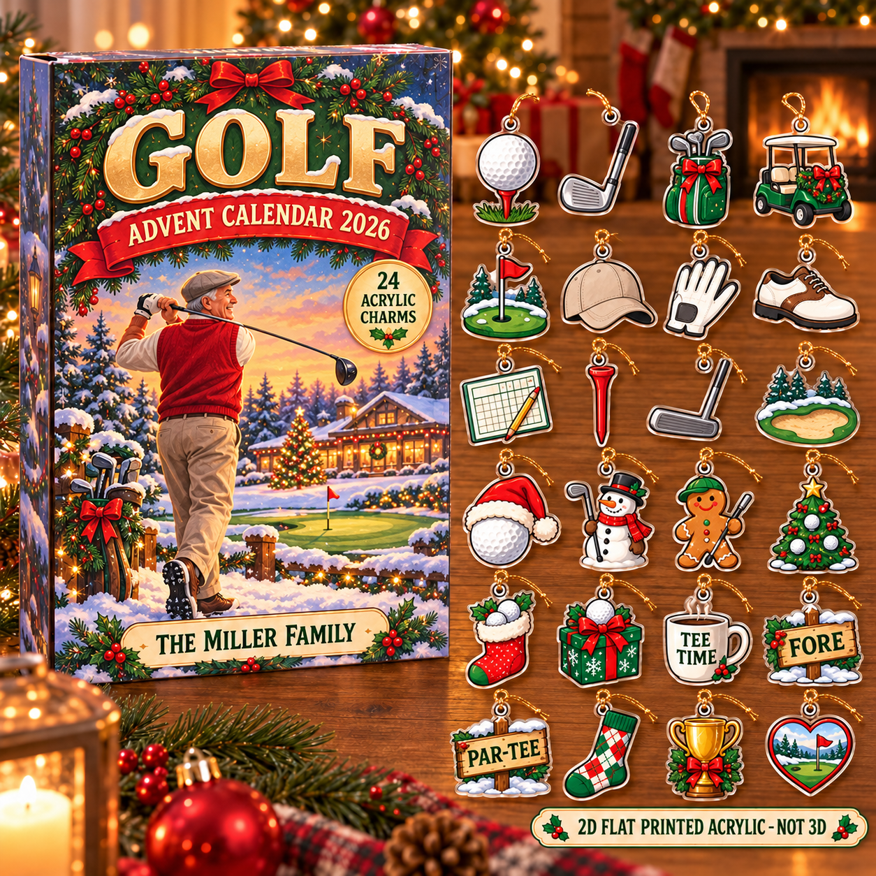 Personalized golf advent calendar box with 24 flat acrylic Christmas charms