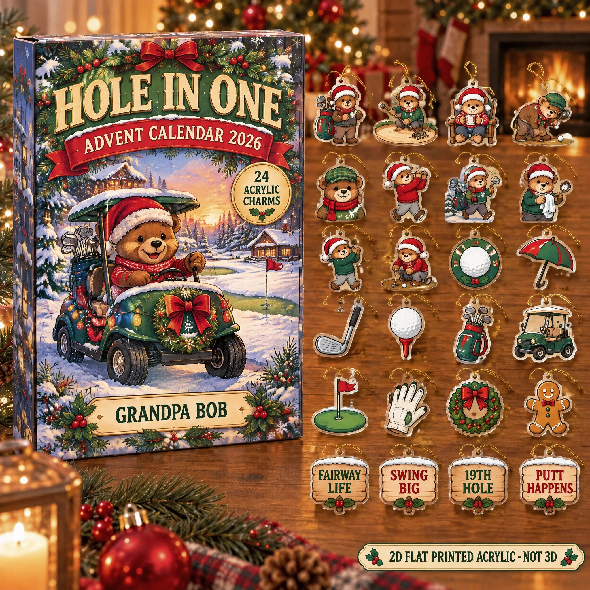 Personalized Golf Bear advent calendar box with 24 flat acrylic Christmas charms