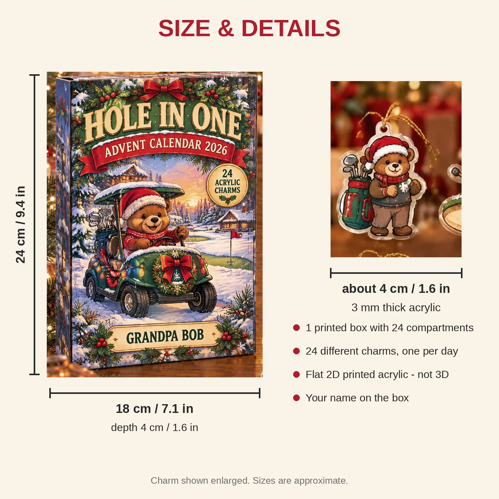 Personalized Golf Bear advent calendar box with 24 flat acrylic Christmas charms: box and charm sizes