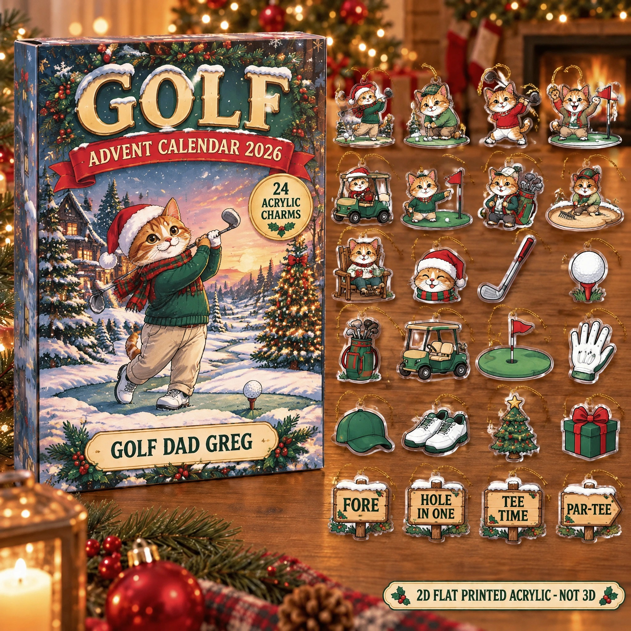 Personalized Golf Cat advent calendar box with 24 flat acrylic Christmas charms