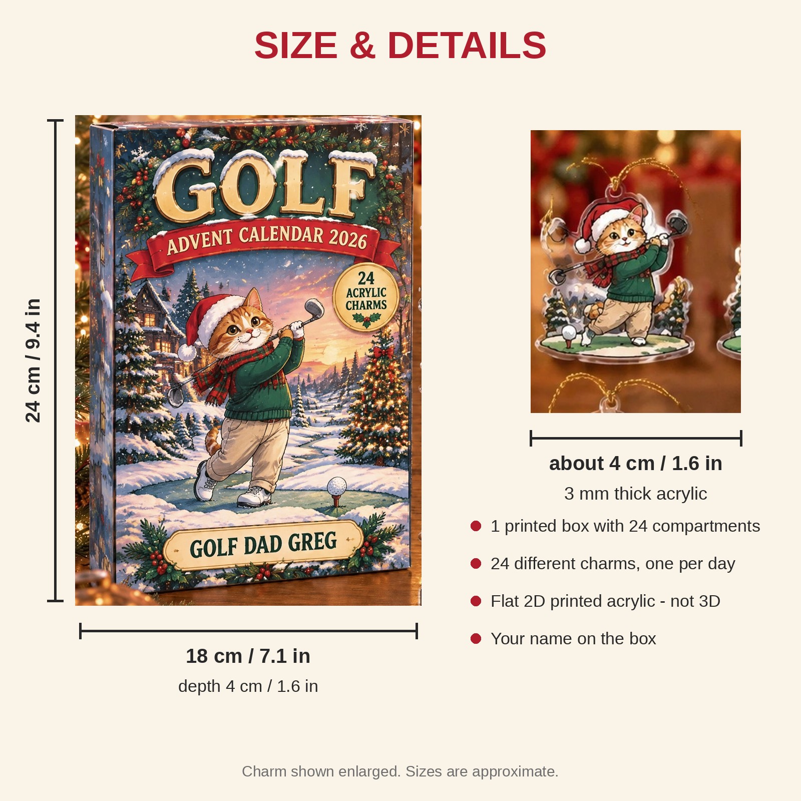 Personalized Golf Cat advent calendar box with 24 flat acrylic Christmas charms: box and charm sizes