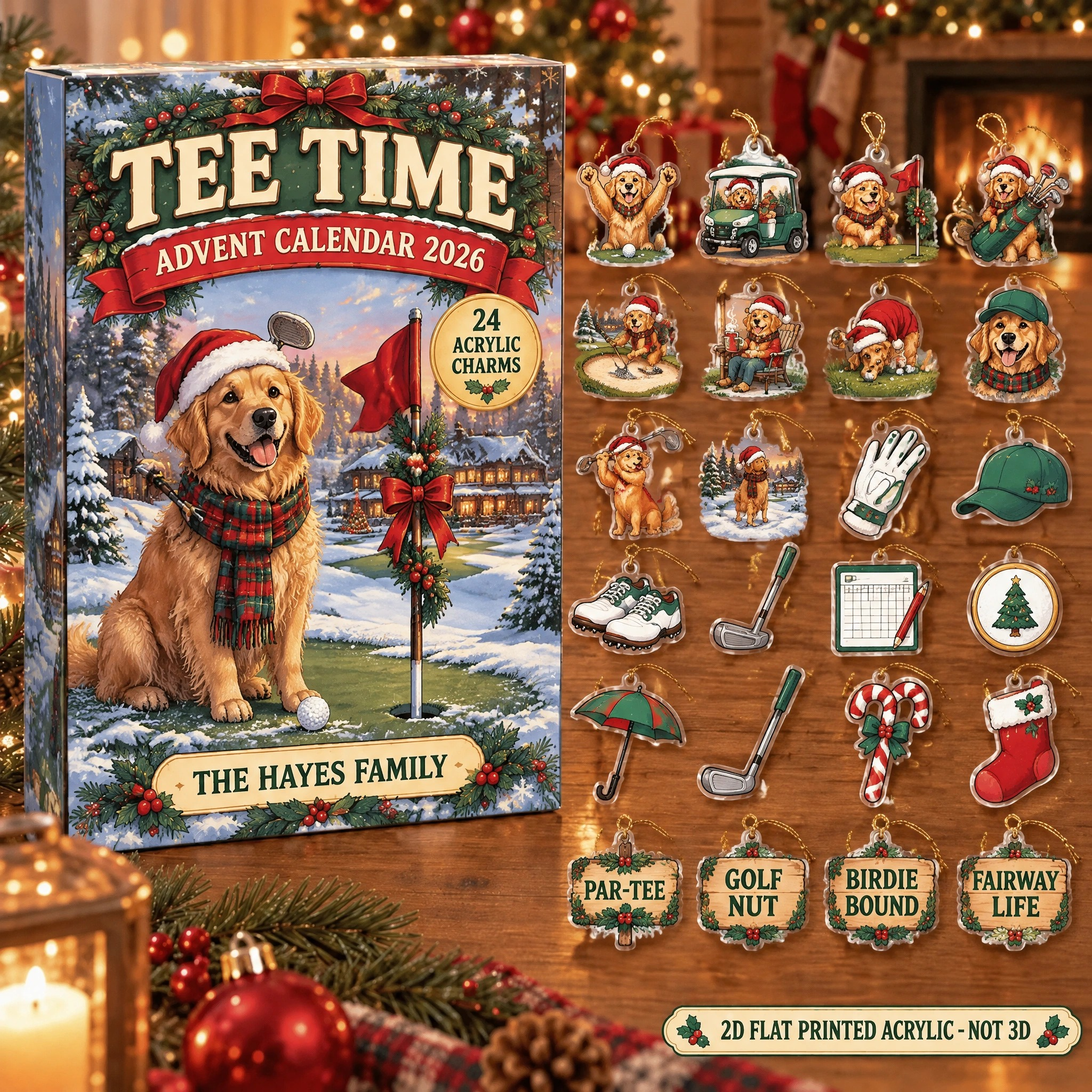 Personalized Golf Dog advent calendar box with 24 flat acrylic Christmas charms