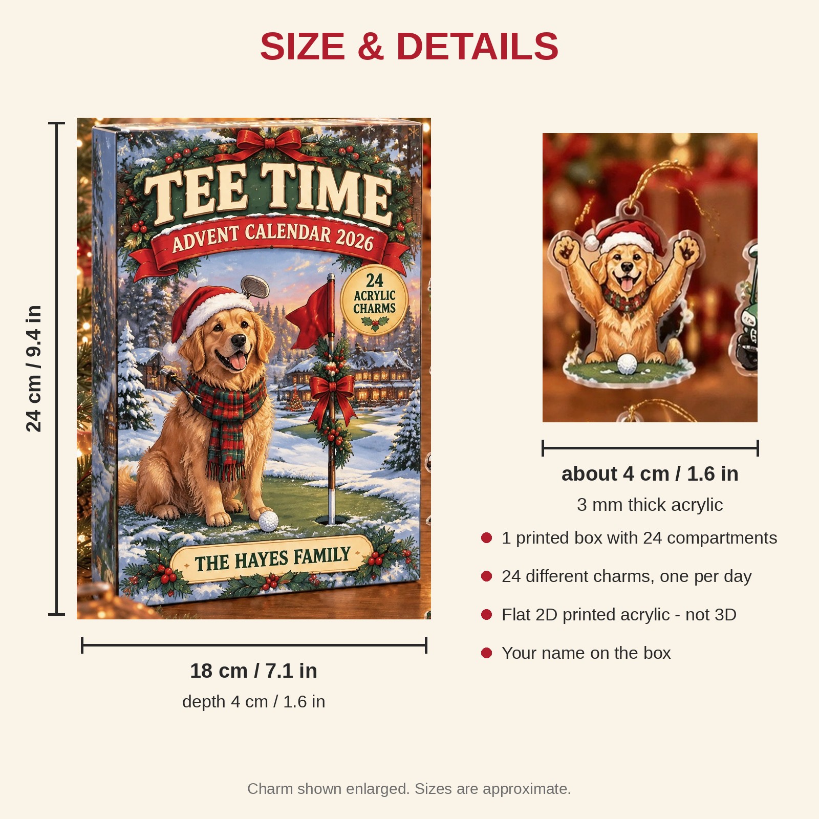 Personalized Golf Dog advent calendar box with 24 flat acrylic Christmas charms: box and charm sizes