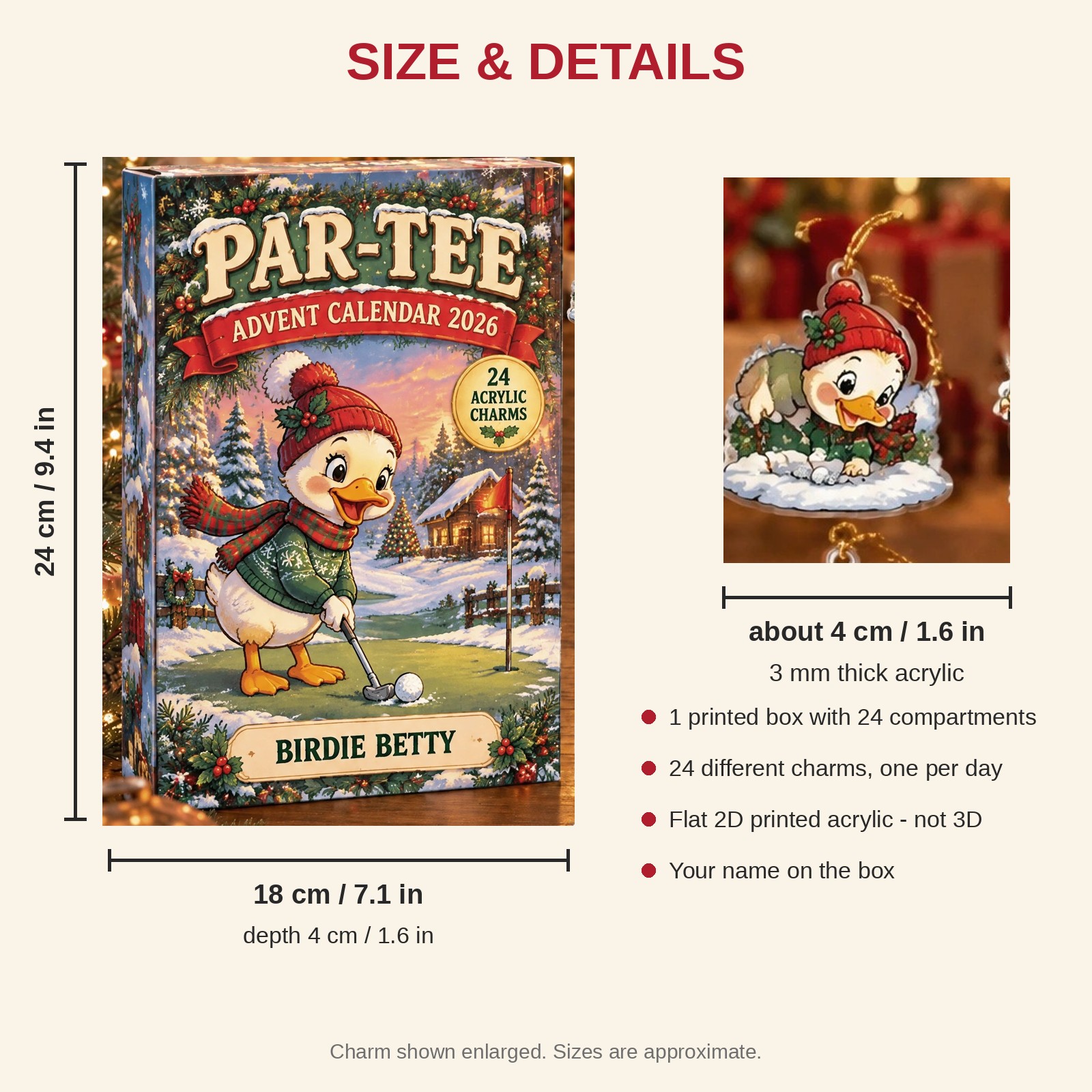 Personalized Golf Duck advent calendar box with 24 flat acrylic Christmas charms: box and charm sizes