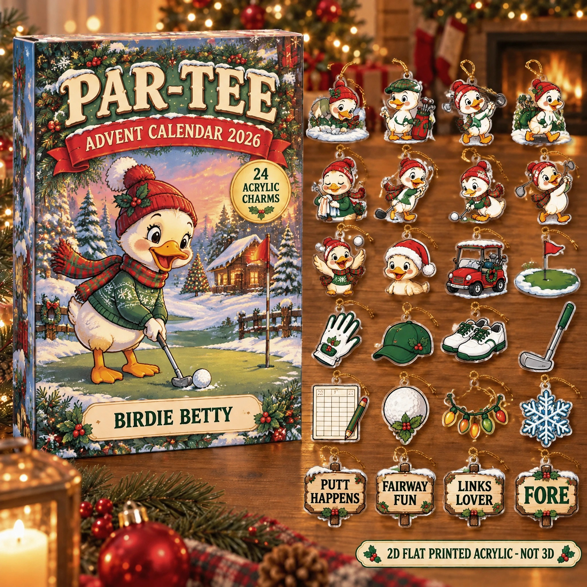 Personalized Golf Duck advent calendar box with 24 flat acrylic Christmas charms