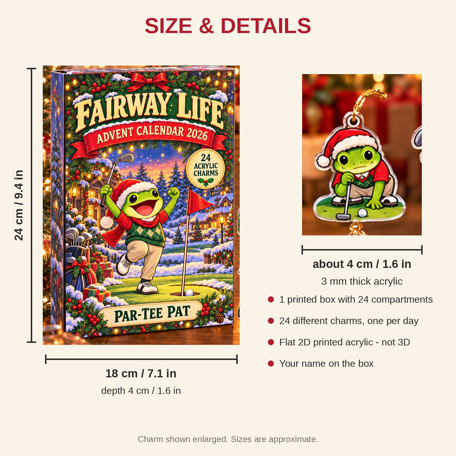 Personalized Golf Frog advent calendar box with 24 flat acrylic Christmas charms: box and charm sizes