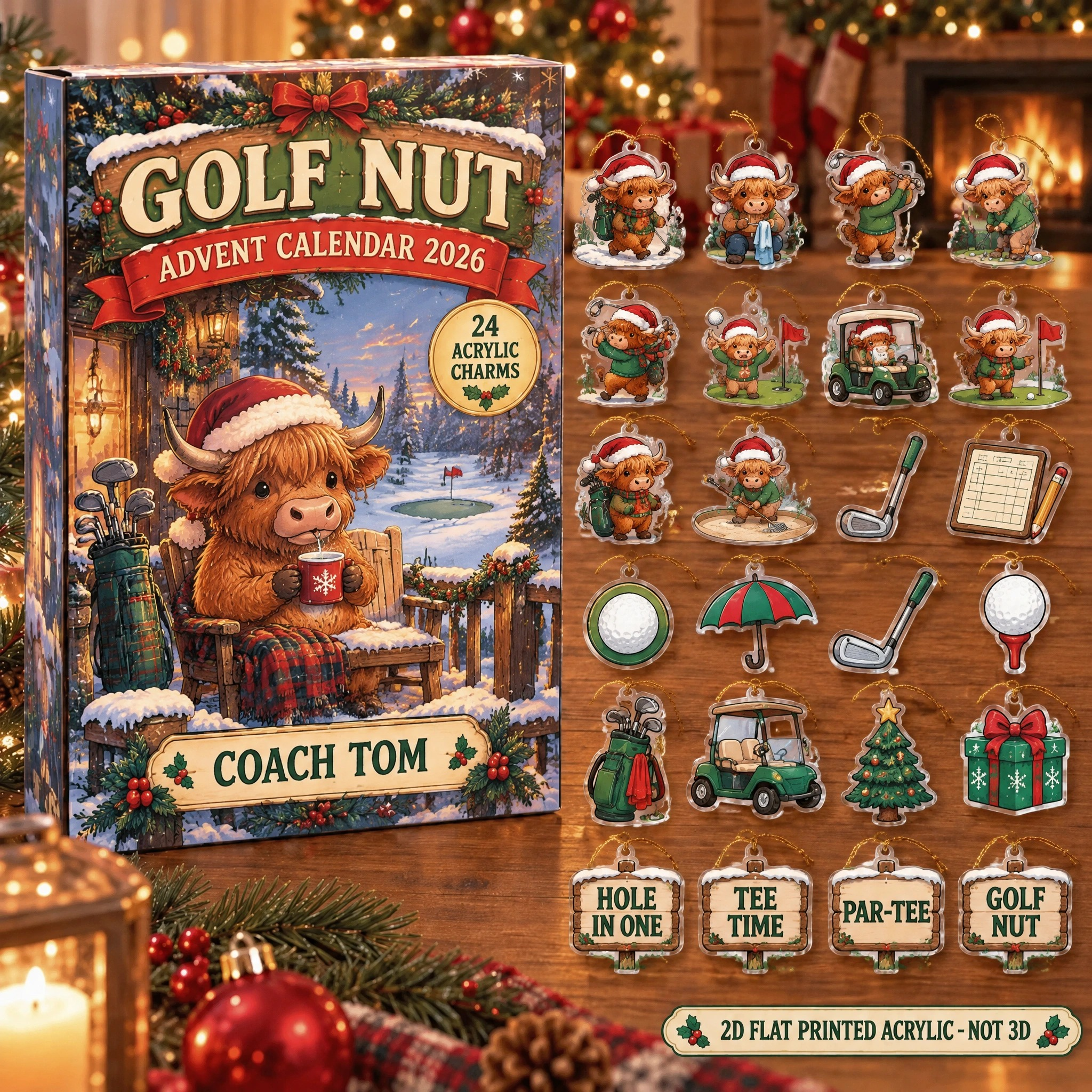 Personalized Golf Highland Cow advent calendar box with 24 flat acrylic Christmas charms