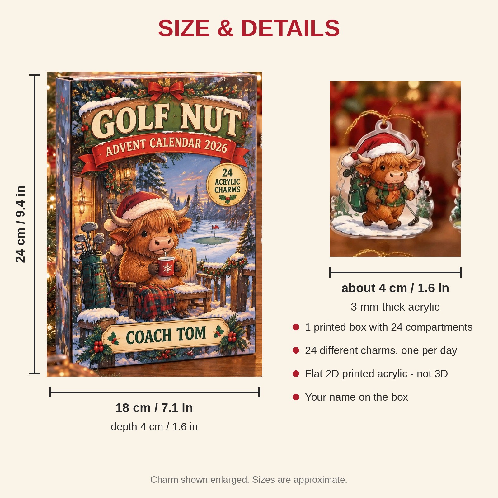 Personalized Golf Highland Cow advent calendar box with 24 flat acrylic Christmas charms: box and charm sizes